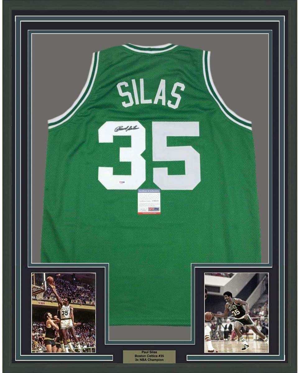 Framed Autographed/Signed Paul Silas 35x39 Boston Green Basketball Jersey PSA/DNA COA