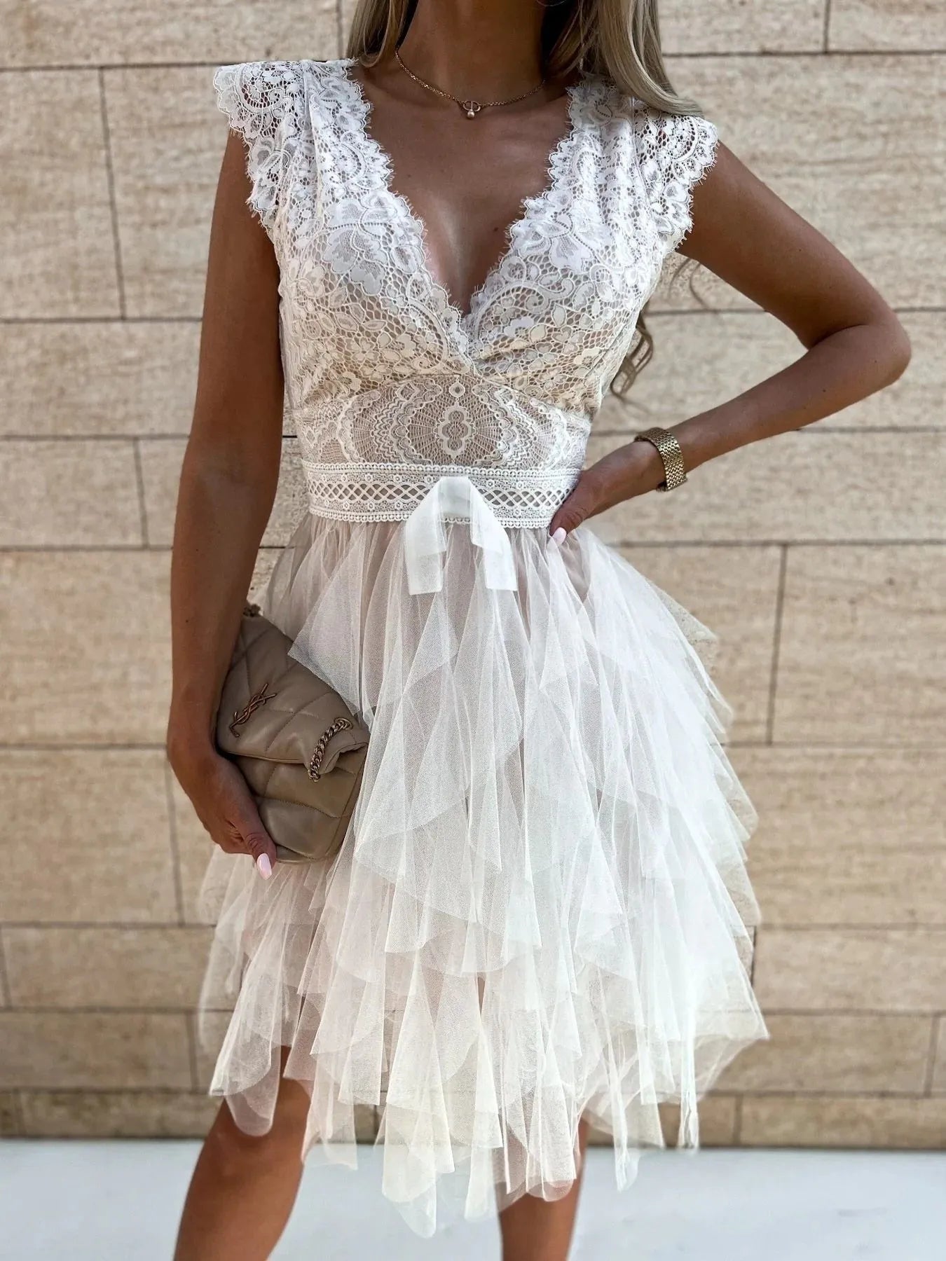 Lace V-Neck Ruffle Dress