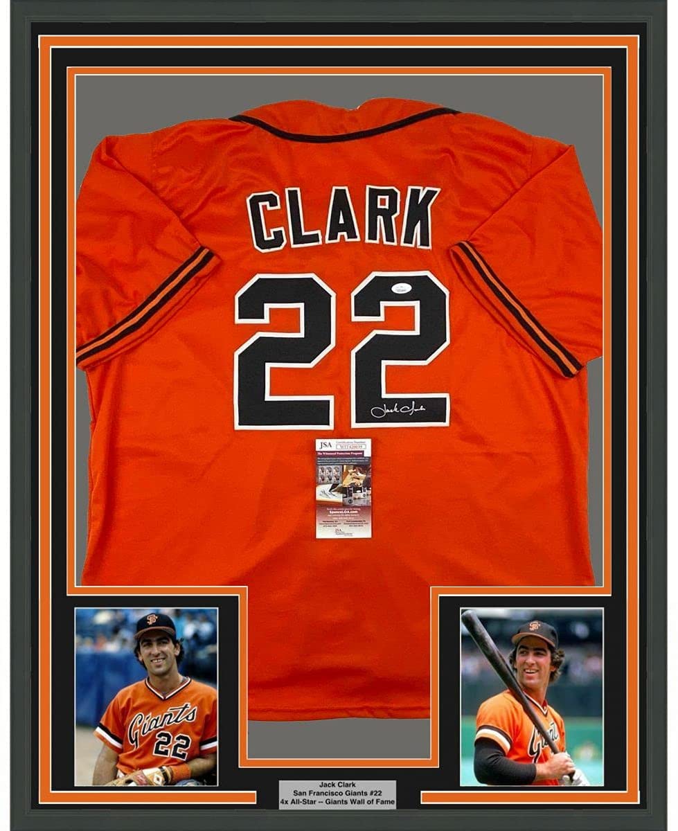 Framed Autographed/Signed Jack Clark 35x39 San Francisco Orange Baseball Jersey JSA COA