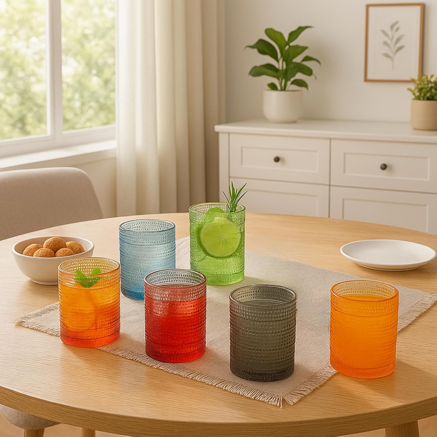 Khen Hobnail Acrylic Lowball Glasses – Retro-Inspired Set of 6 Colorful &amp;amp; Black Tumblers, 10 oz Unbreakable BPA-Free Drinkware – Vintage Textured Design, Stackable, Dishwasher Safe