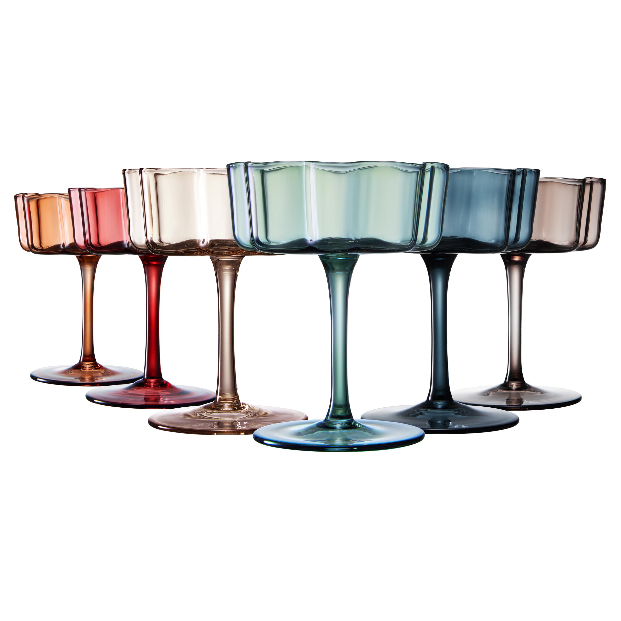 Flower Wave Coupe Cocktail Colored Glasses | Set of 6 | Muted Colors