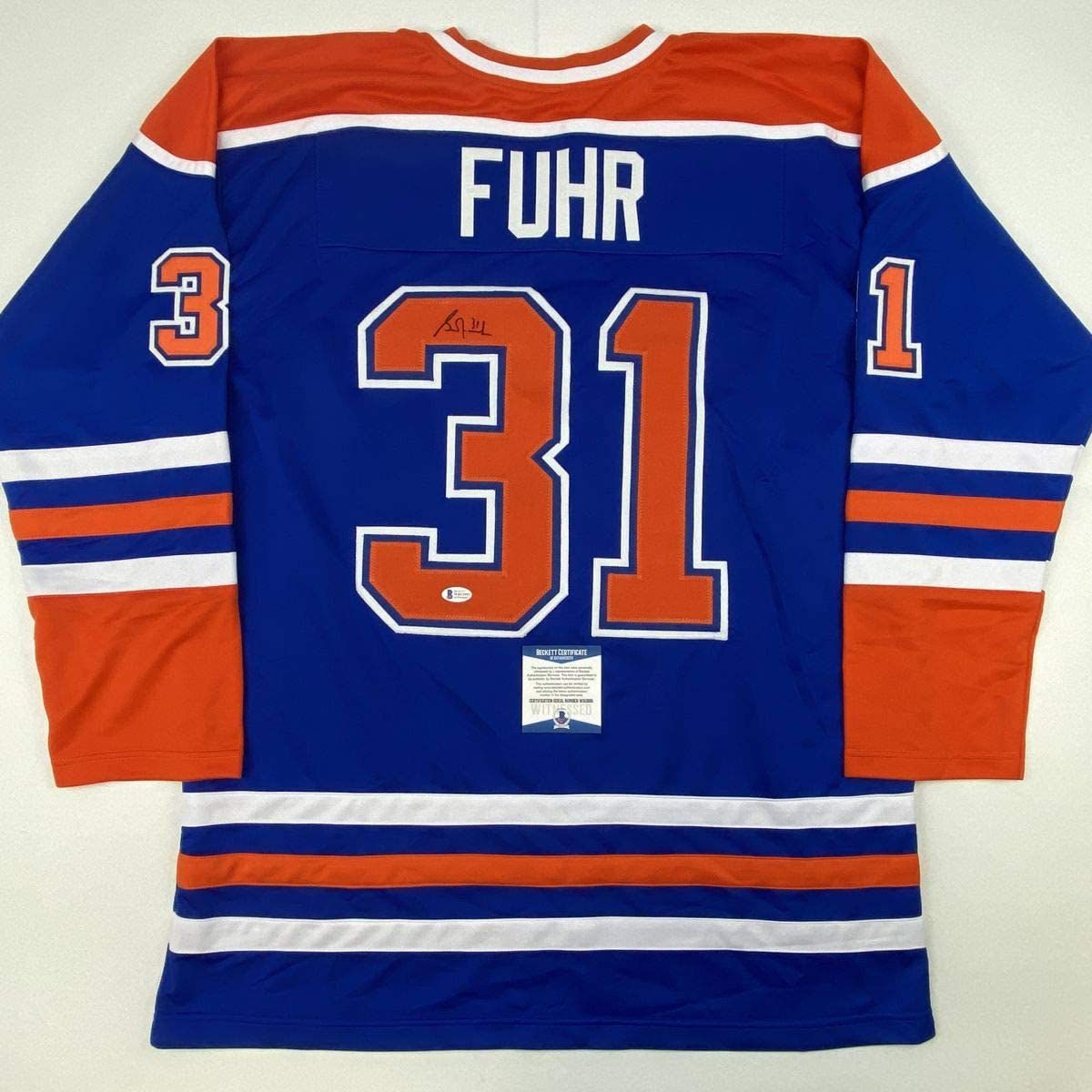 Autographed/Signed Grant Fuhr Edmonton Blue Hockey Jersey Beckett BAS COA
