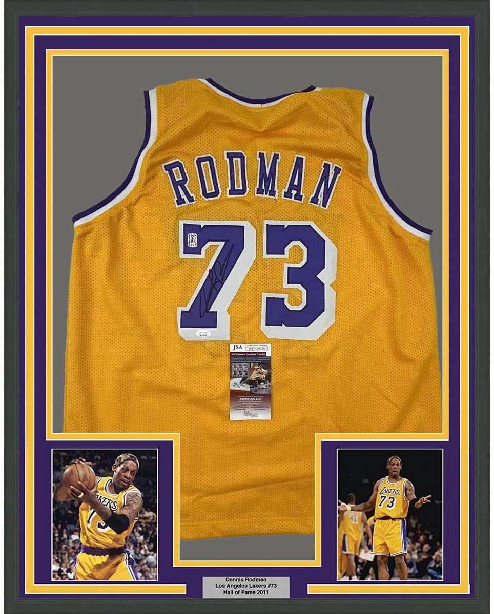 Framed Autographed/Signed Dennis Rodman 35x39 Los Angeles LA Yellow Basketball Jersey JSA COA #2