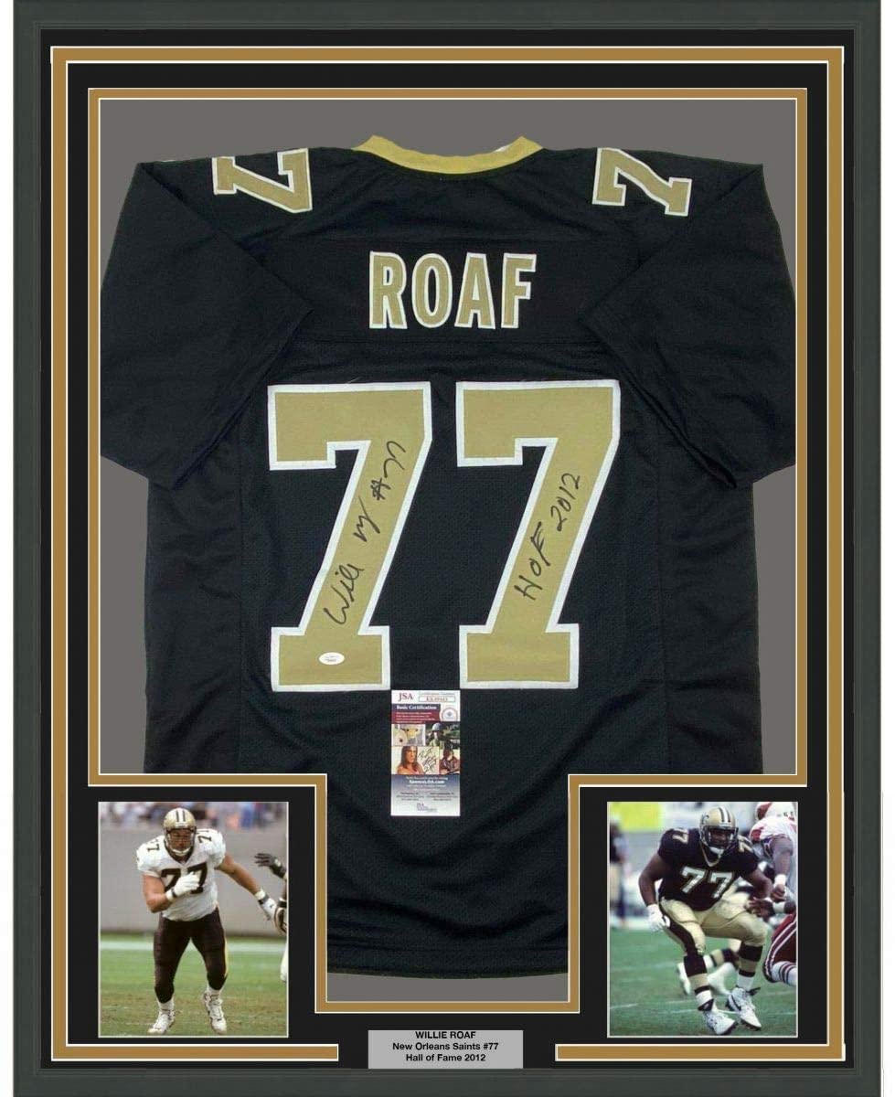 Framed Autographed/Signed Willie Roaf 35x39 New Orleans Black Football Jersey JSA COA