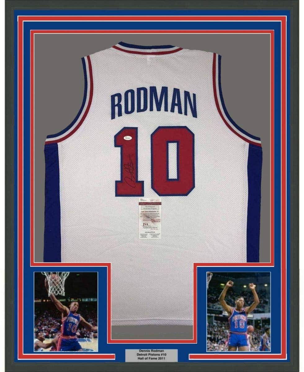 Framed Autographed/Signed Dennis Rodman 35x39 Detroit White Basketball Jersey JSA COA