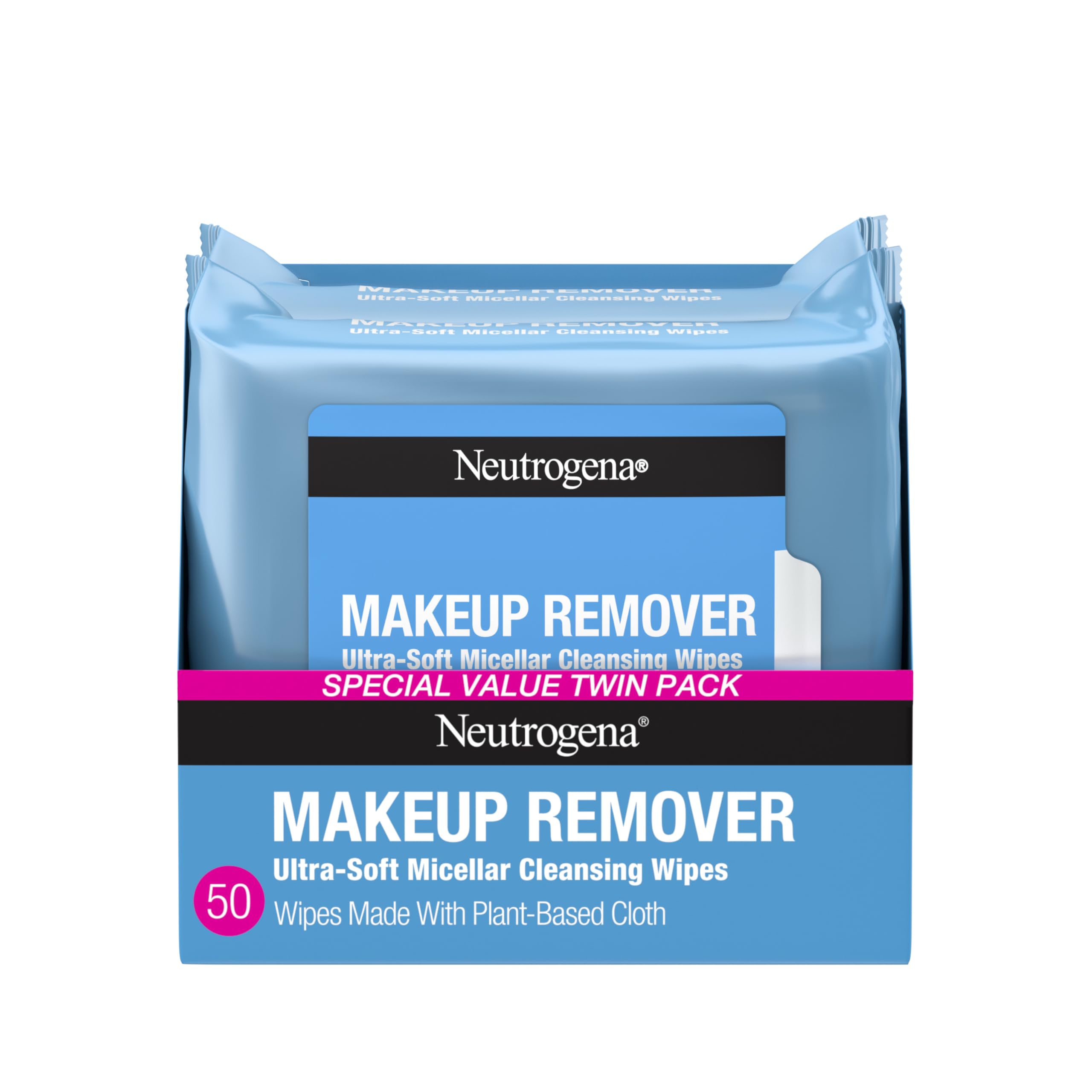 Neutrogena Makeup Remover Wipes Micellar Alcohol-Free Face Towelettes Remove Waterproof Mascara &amp;amp; Oil, Compostable 100% Plant-Based Cloth, Dermatologist &amp;amp; Ophthalmologist Tested, Twin Pack 2 x 25 ct