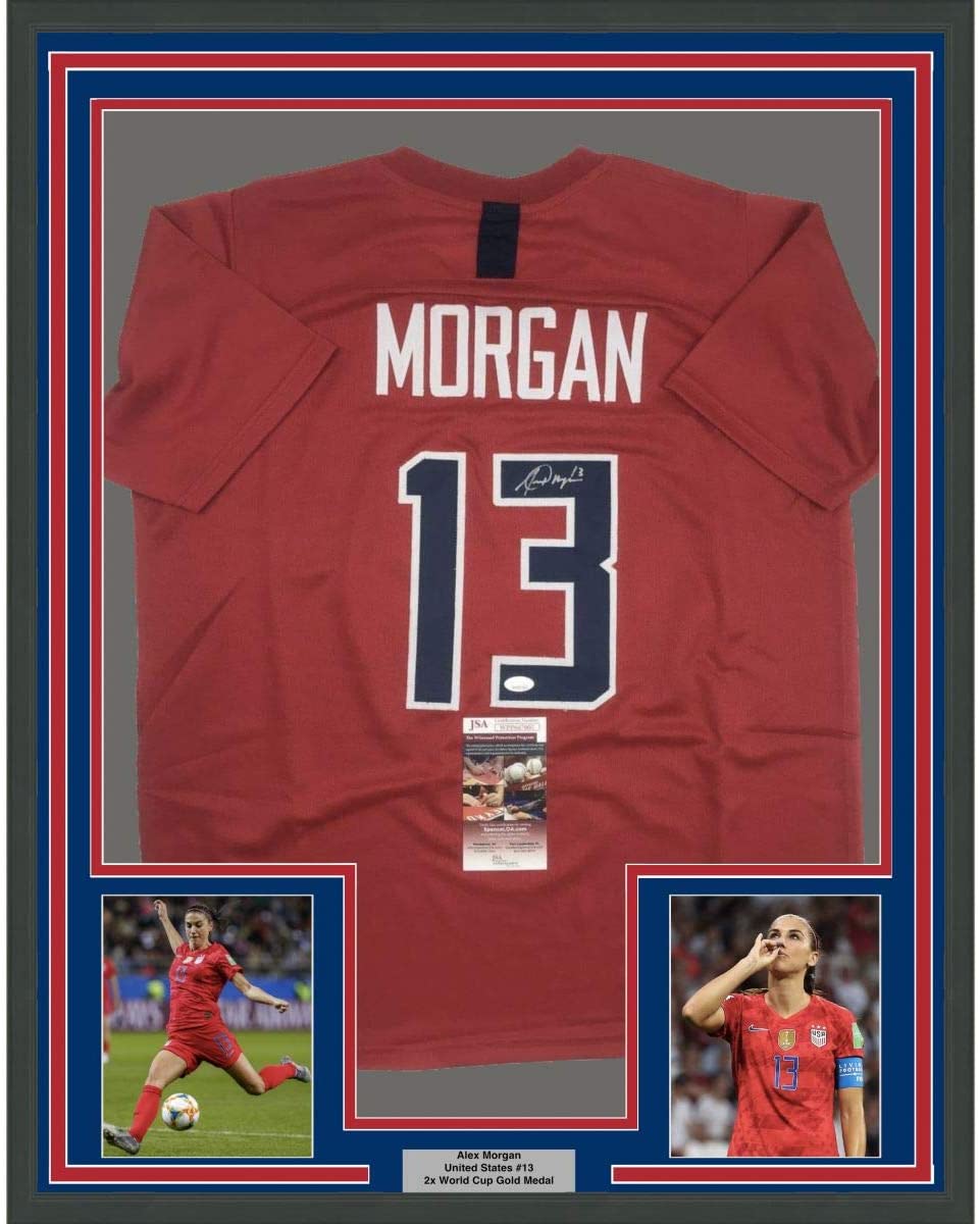 Framed Autographed/Signed Alex Morgan 35x39 Red Soccer Team USA World Cup Jersey JSA COA