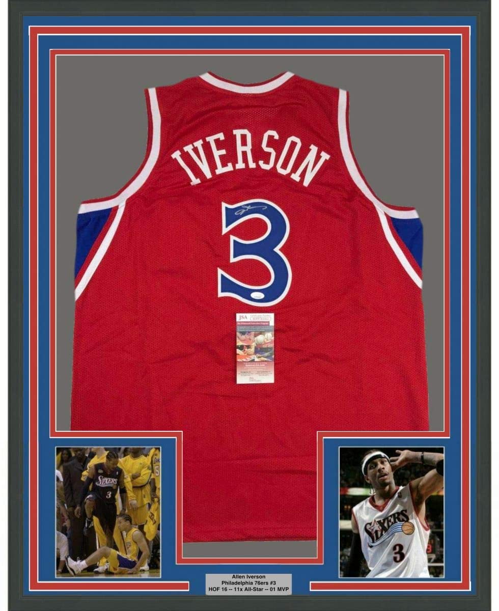 Framed Autographed/Signed Allen Iverson 35x39 Philadelphia Red Basketball Jersey JSA COA