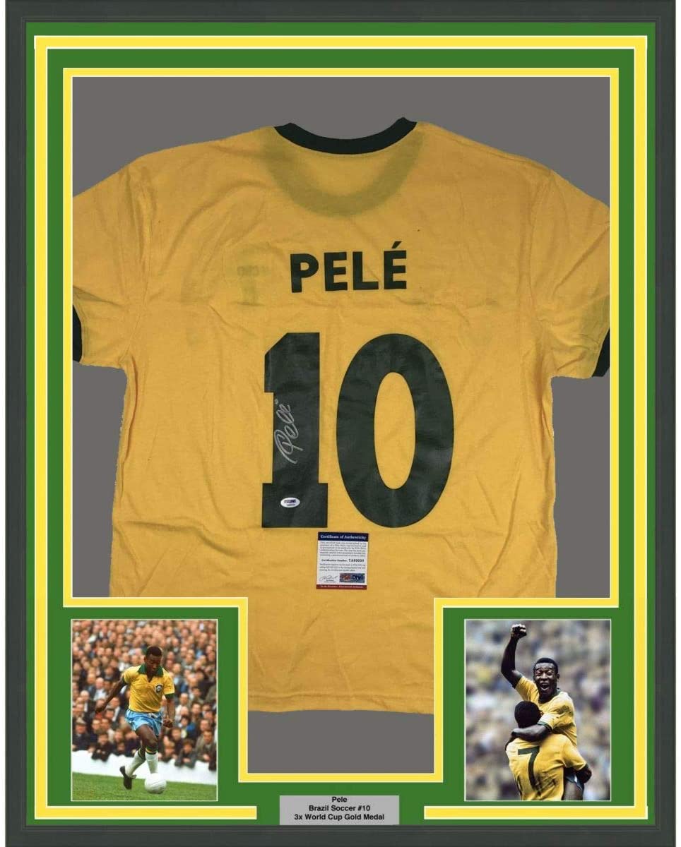 Framed Autographed/Signed Pele 35x39 Brazil Yellow Soccer Futbol Jersey PSA/DNA COA Auto #2