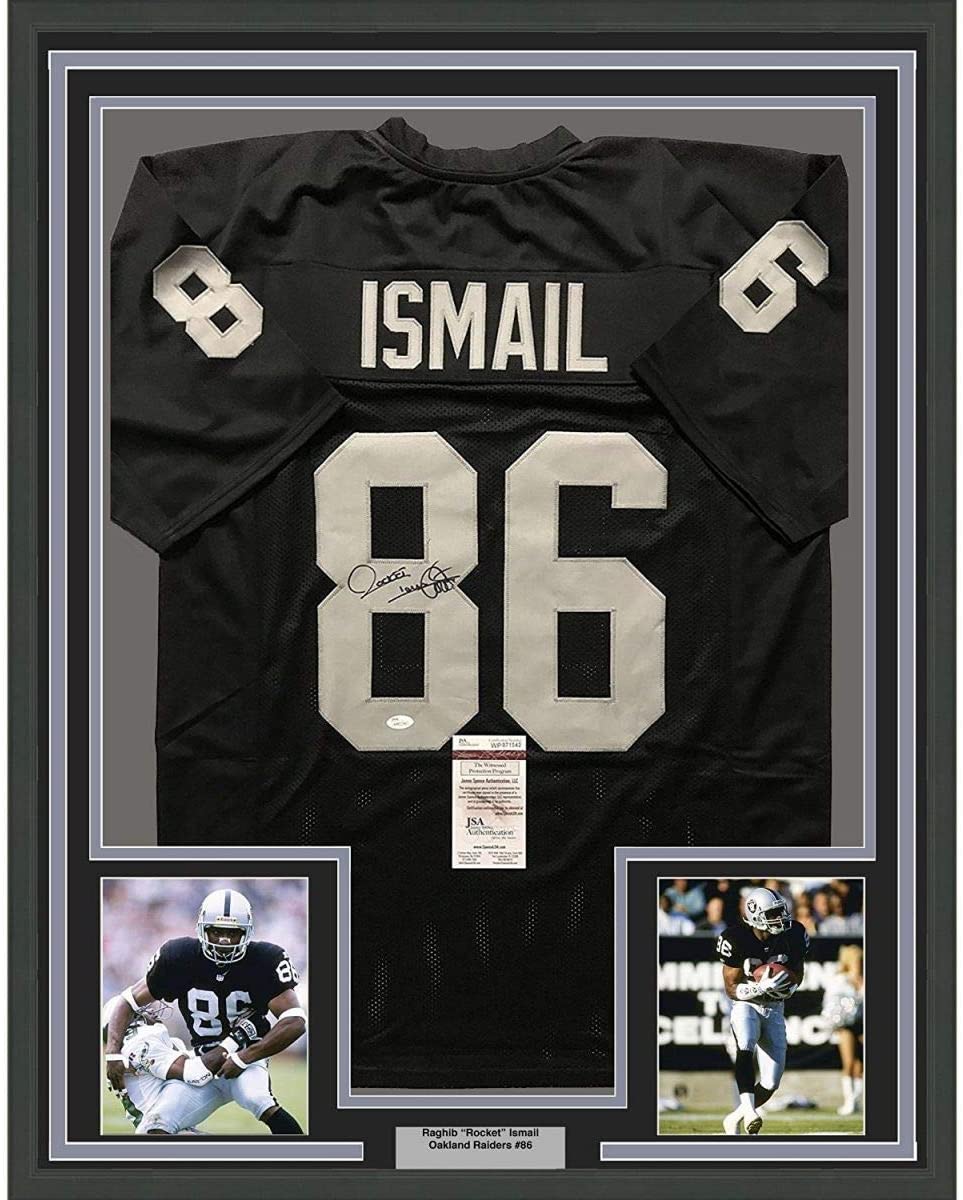 Framed Autographed/Signed Raghib Rocket Ismail 35x39 Oakland Raiders Black Football Jersey JSA COA