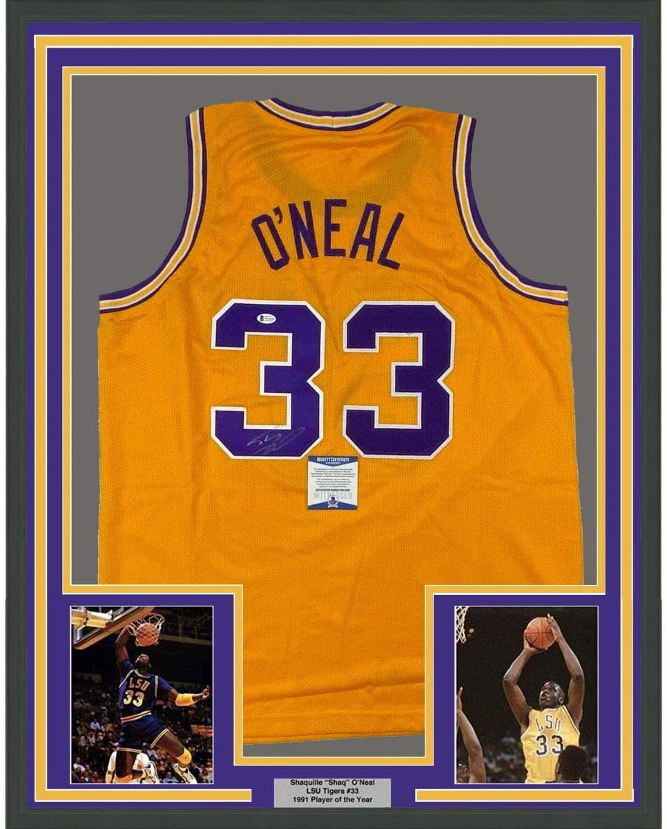 Framed Autographed/Signed Shaquille Shaq O&amp;#39;Neal 35x39 LSU Yellow Basketball Jersey Beckett BAS COA