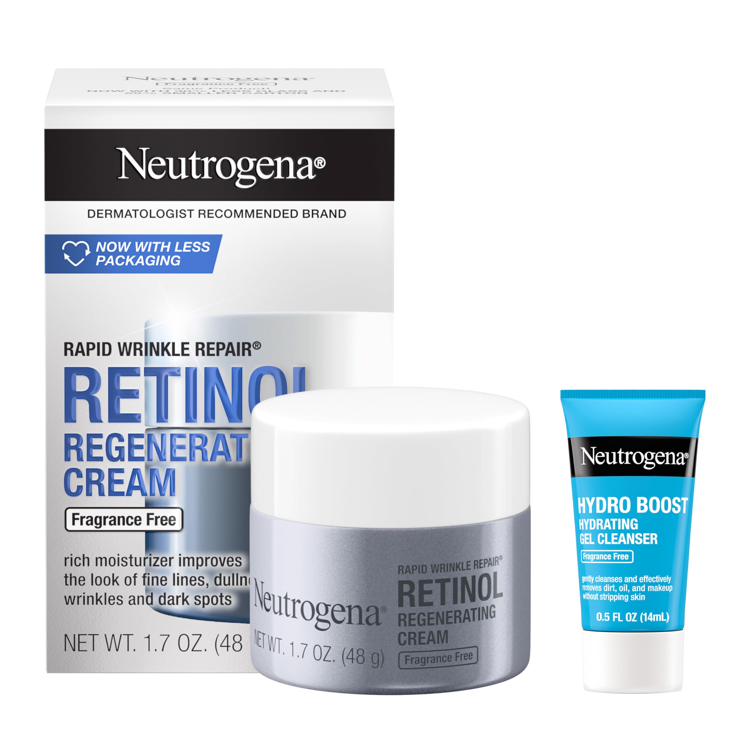 Neutrogena Rapid Wrinkle Repair Retinol Face Moisturizer, Fragrance Free, Anti-Aging Face Cream with Retinol &amp;amp; Hyaluronic Acid, 1.7 oz + Trial Size Hydro Boost Facial Cleanser, 0.5 fl. oz