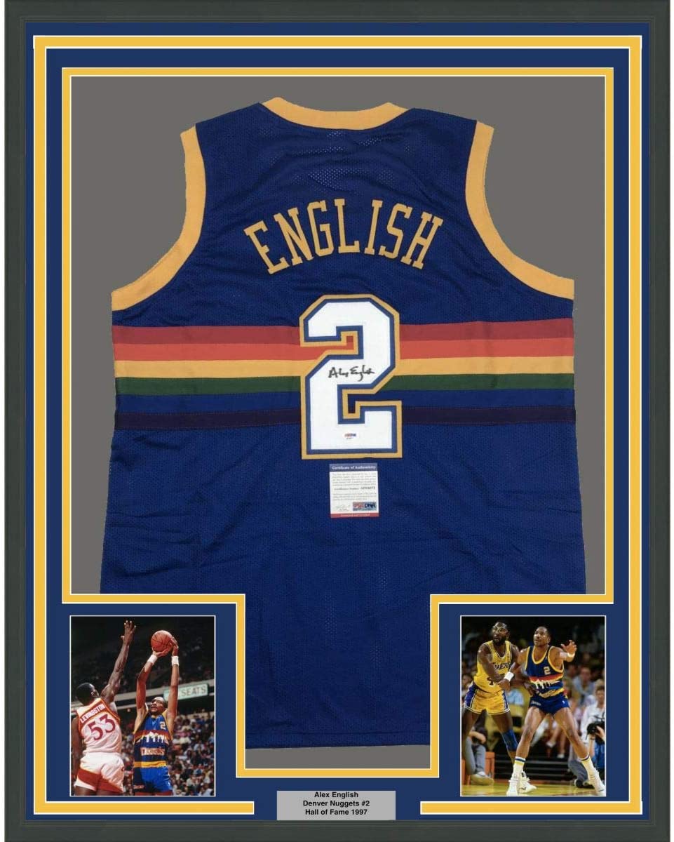 Framed Autographed/Signed Alex English 35x39 Denver Blue Basketball Jersey PSA/DNA COA