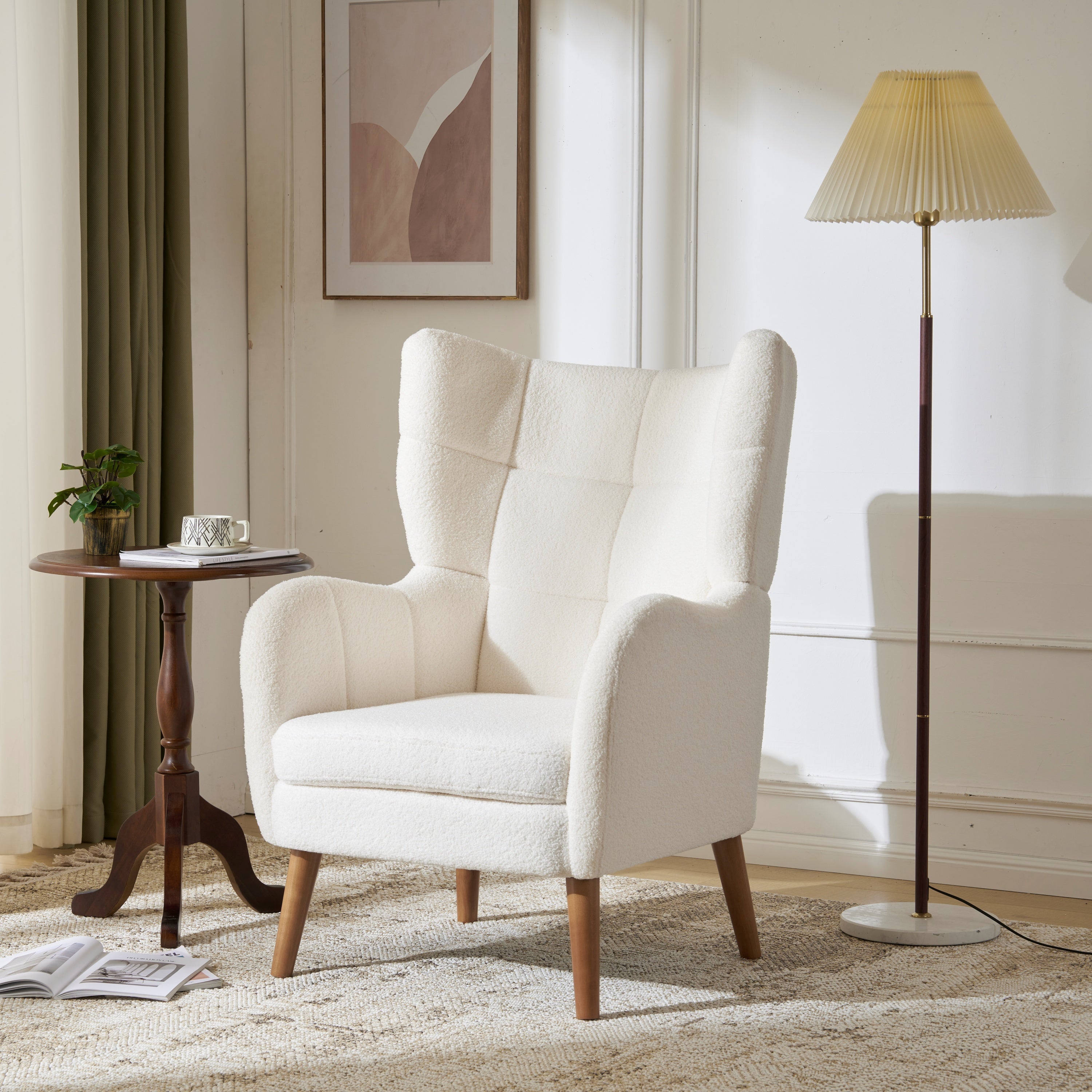 Accent Chair, 41&amp;#39; Living Room Chair, Comfy Upholstered  Accent Chair with Birch Wood Legs, Teddy Fabric, White