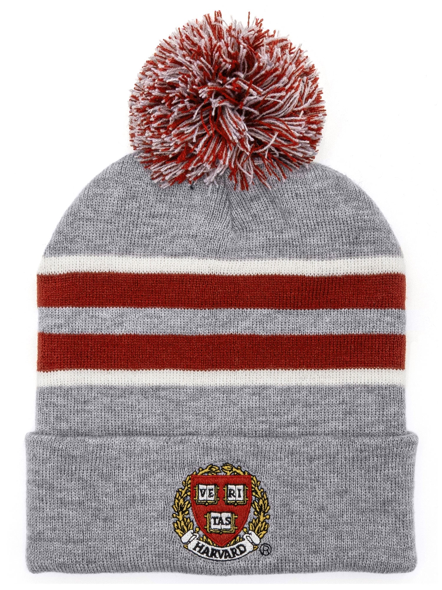 Harvard University Veritas Shield Pom Pom Beanie - Gray/Burgundy/White