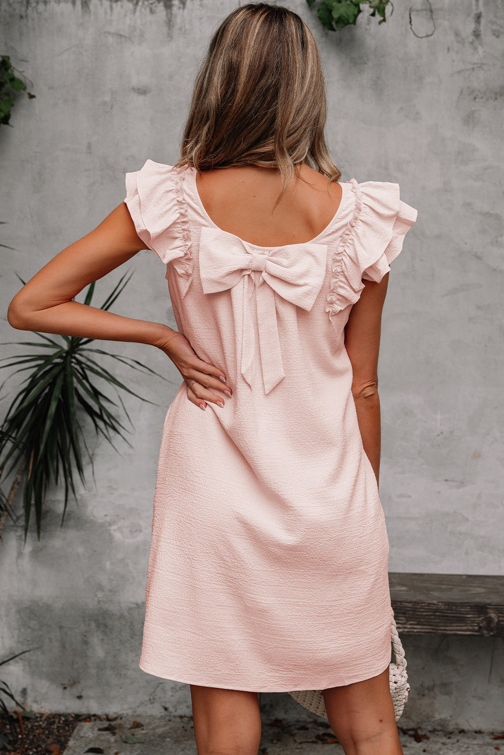Abigail Textured Flutter Sleeve Bow Back Mini Dress