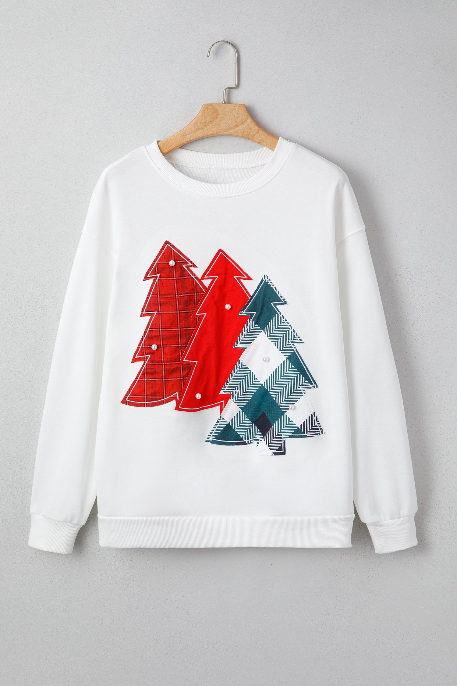 Christmas Tree Pearl Plaid Patch Drop Shoulder Sweatshirt
