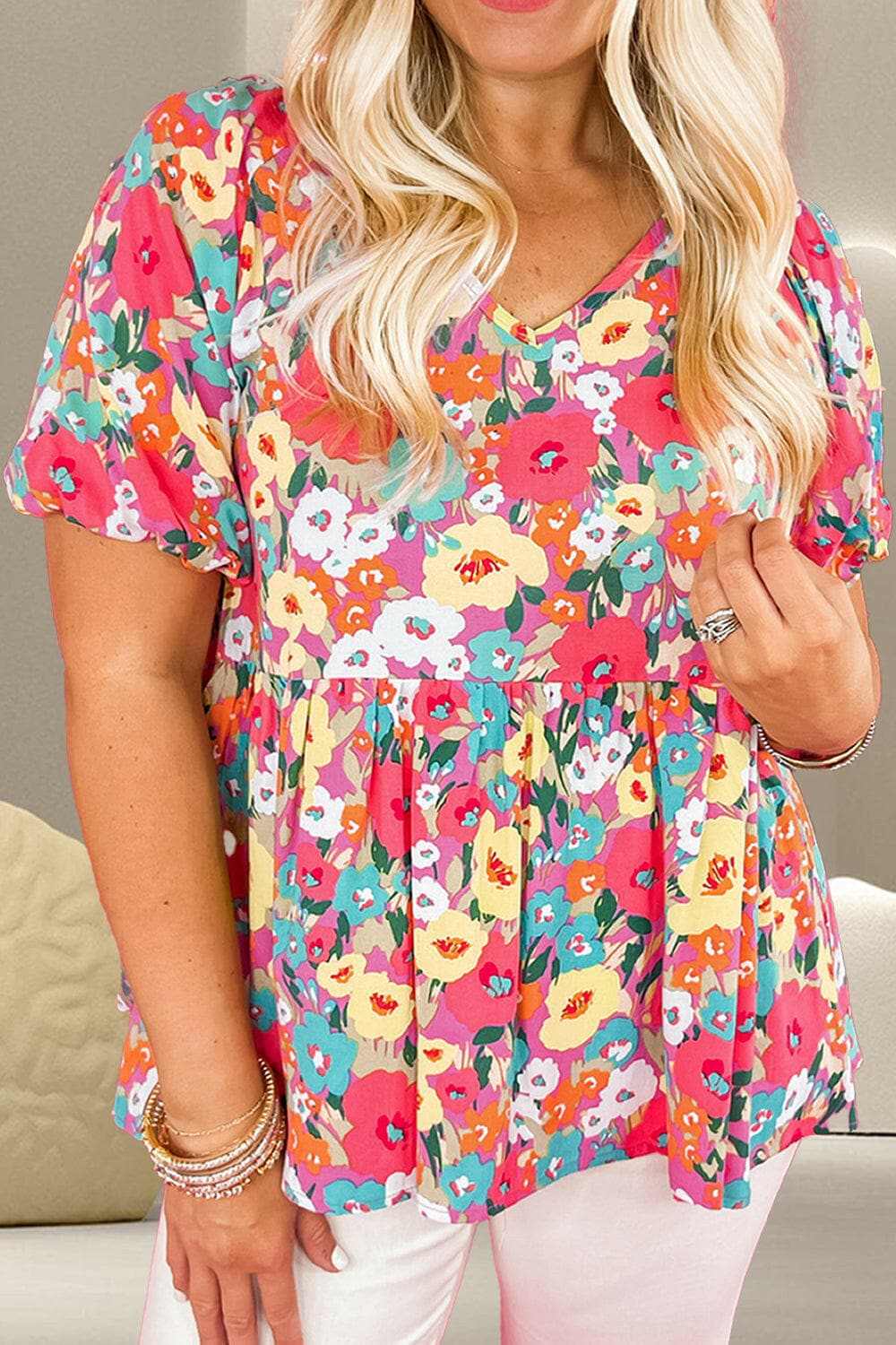 just arrived - Floral peplum blouse - v-neck, short sleeve