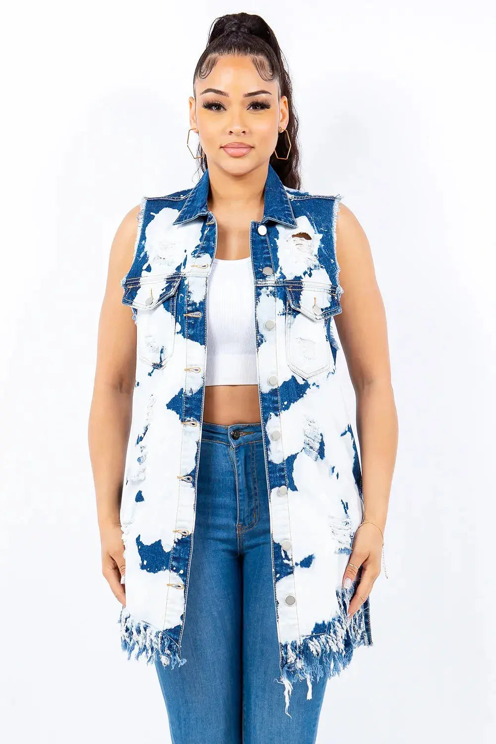 American Bazi Distressed Frayed Edge Longline Denim Vest - Apparel &amp;amp; Accessories Clothing Shirts &amp;amp; Tops