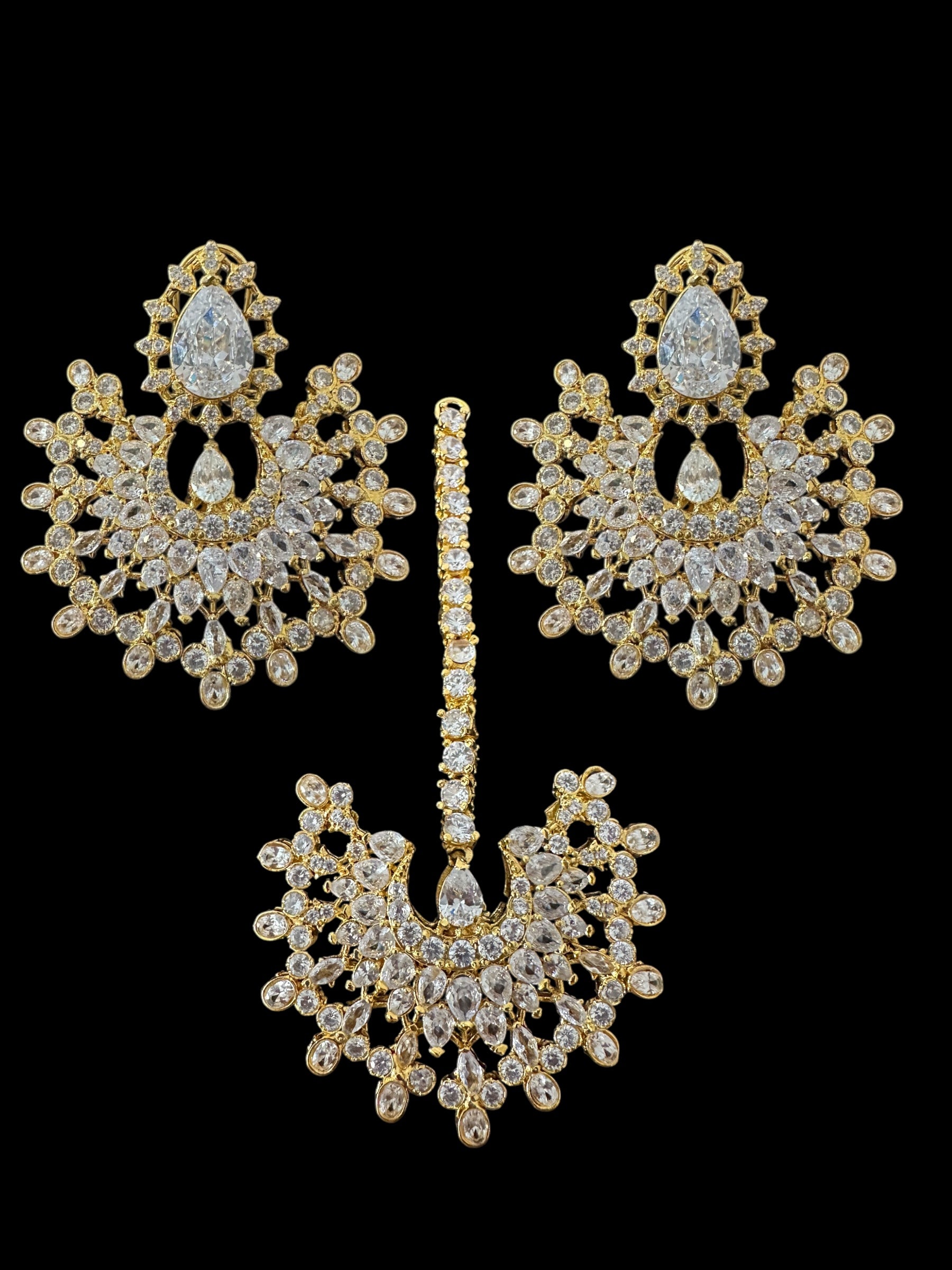 DJET97 Subhana gold plated chandbali earrings tika set  -clear  ( READY TO SHIP )