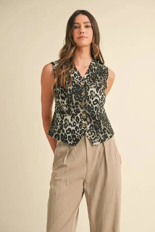Trendsi Women&amp;#39;s Grey Small Stretch Leopard Denim Vest