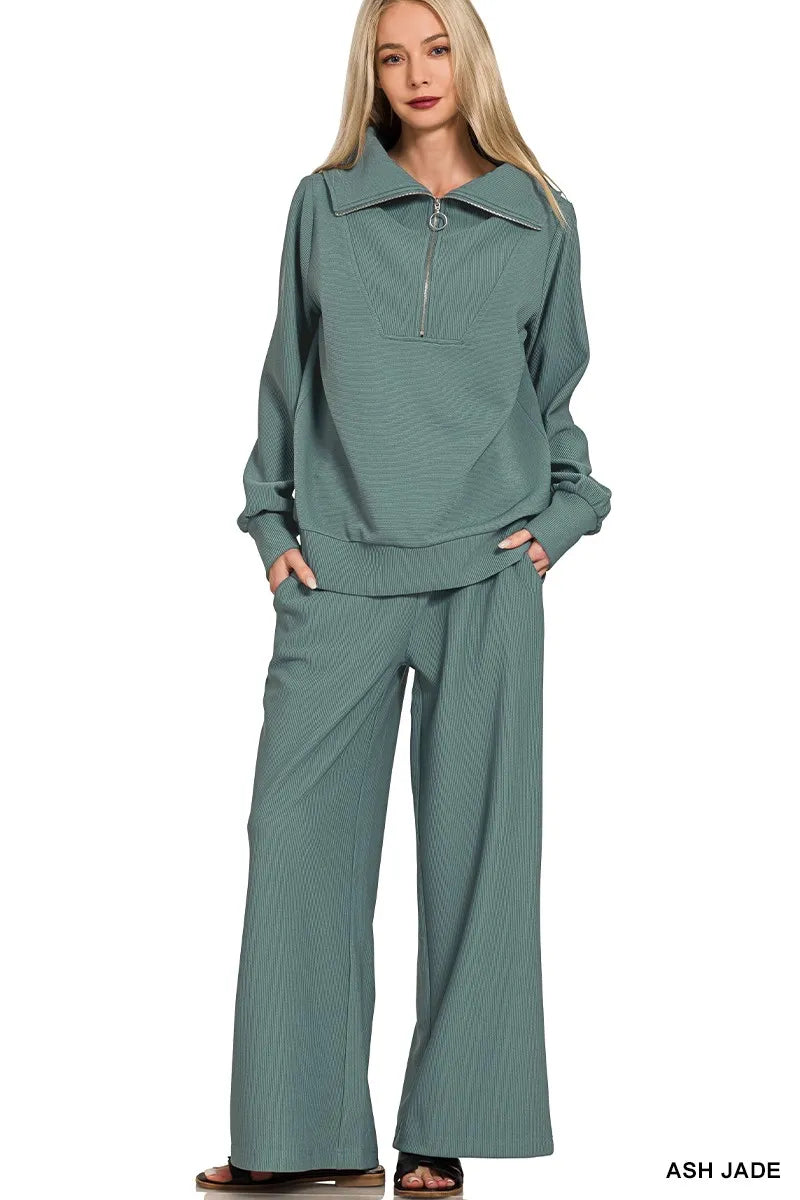 Zenana Ribbed High Neck Half Zip Pullover &amp;amp; Pants Set