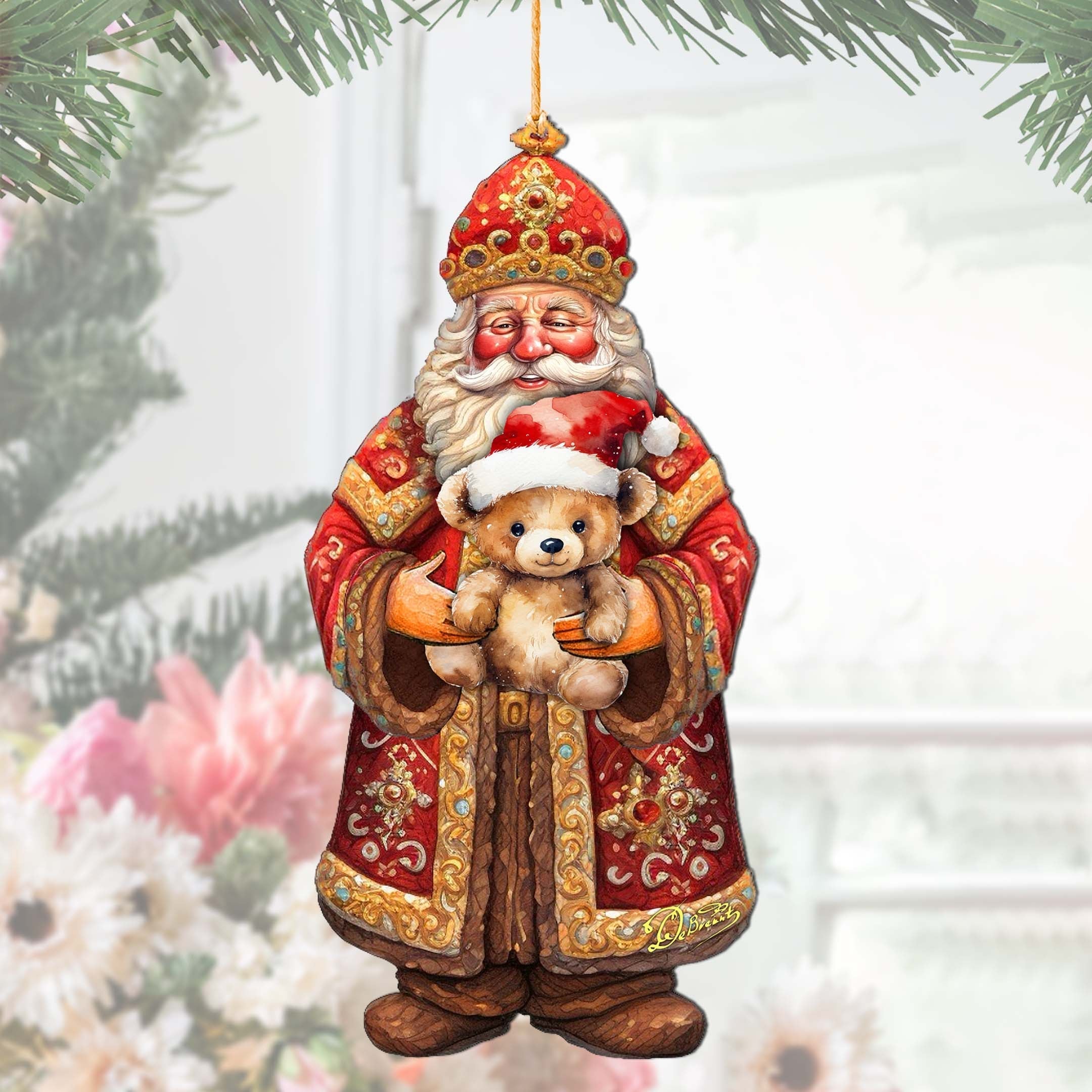 Santa&amp;#39;s Teddy Bear Hug Wooden Ornaments by G. Debrekht - Christmas Santa Snowman Decor - 8691415