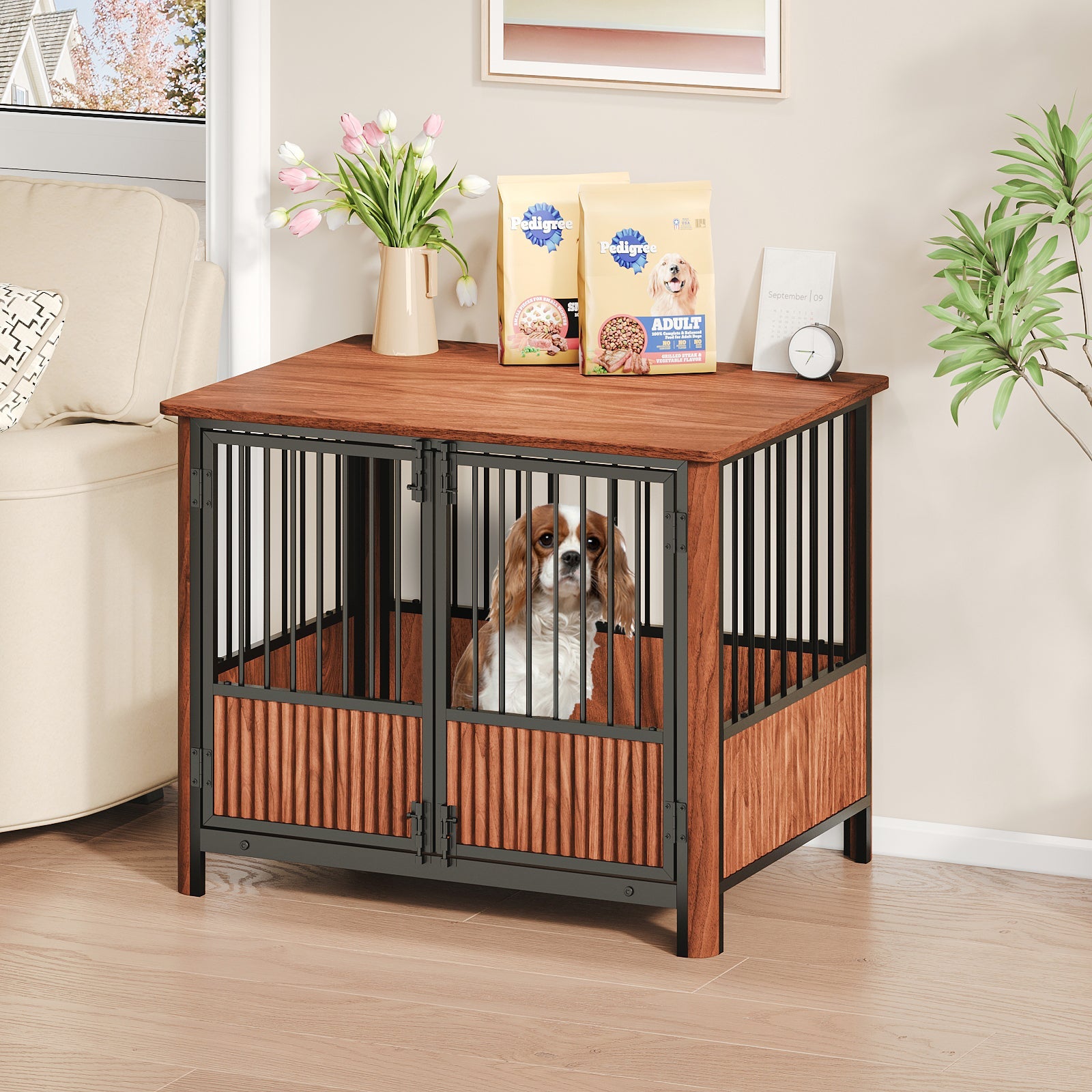 31.5&amp;#39;&amp;#39; Walnut Fluted Wood Furniture Style Dog Crate for small &amp;amp; Medium Dogs - Double Door Design, Decorative Pet House &amp;amp; Indoor Side End Table.