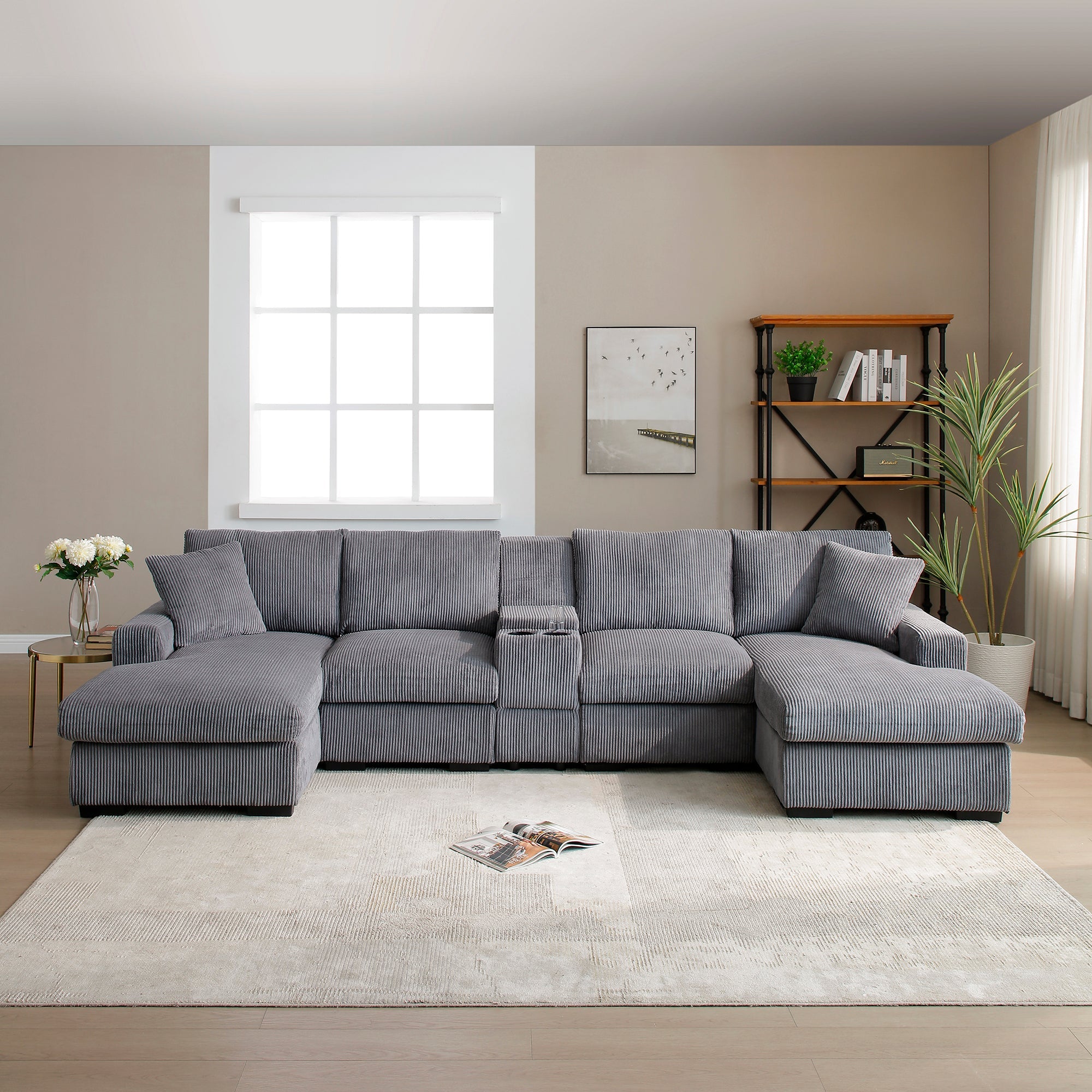 U Shaped Cloud Couch Sectional Sofa for Living Room,126&amp;#39; Oversized Comfy Cloud Sofa with Console,Cup Holder ,Double Chaise,  Gray