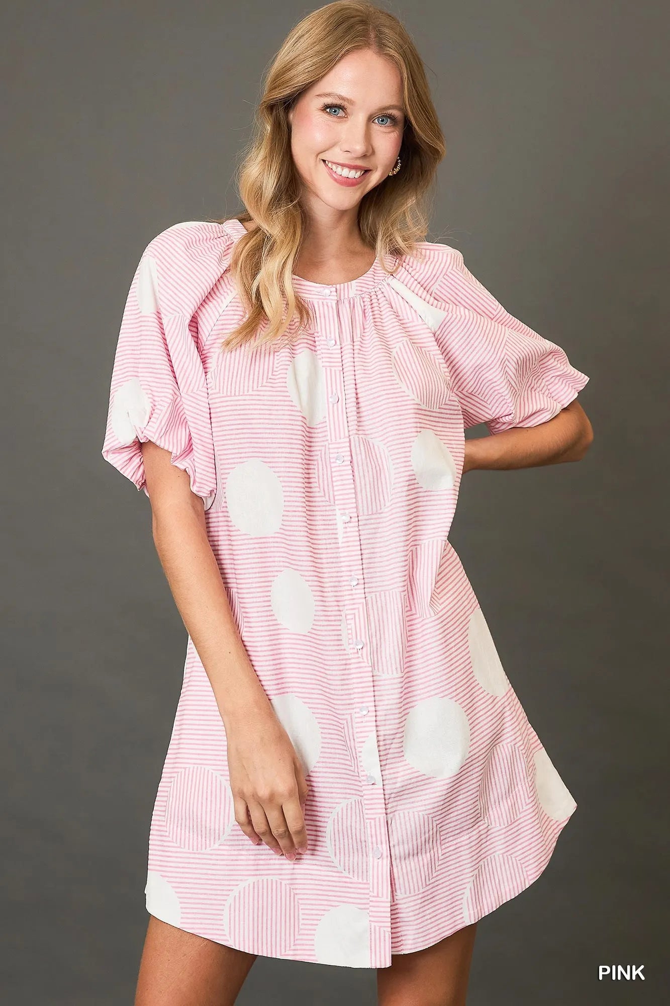 Umgee Stripe and Dot Print Button Down Puff Sleeve Mini Dress