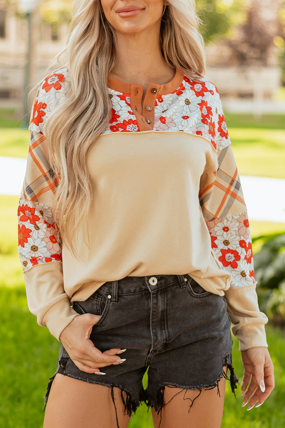 Floral Plaid Patchwork Long Sleeve Henley Top