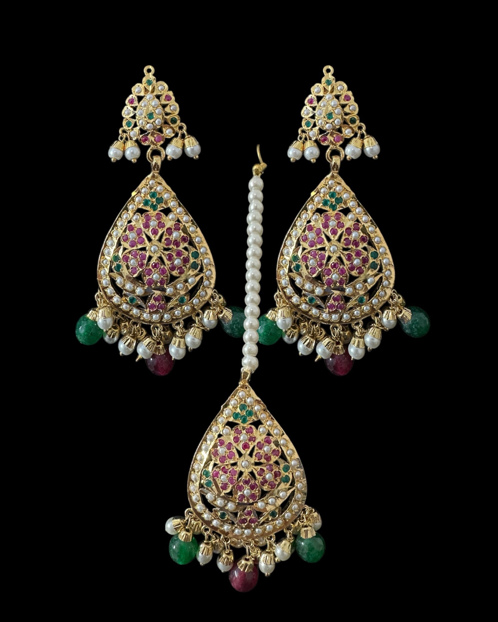 DJET94 Piya jadau earrings tika in ruby emerald pearls ( READY TO SHIP )