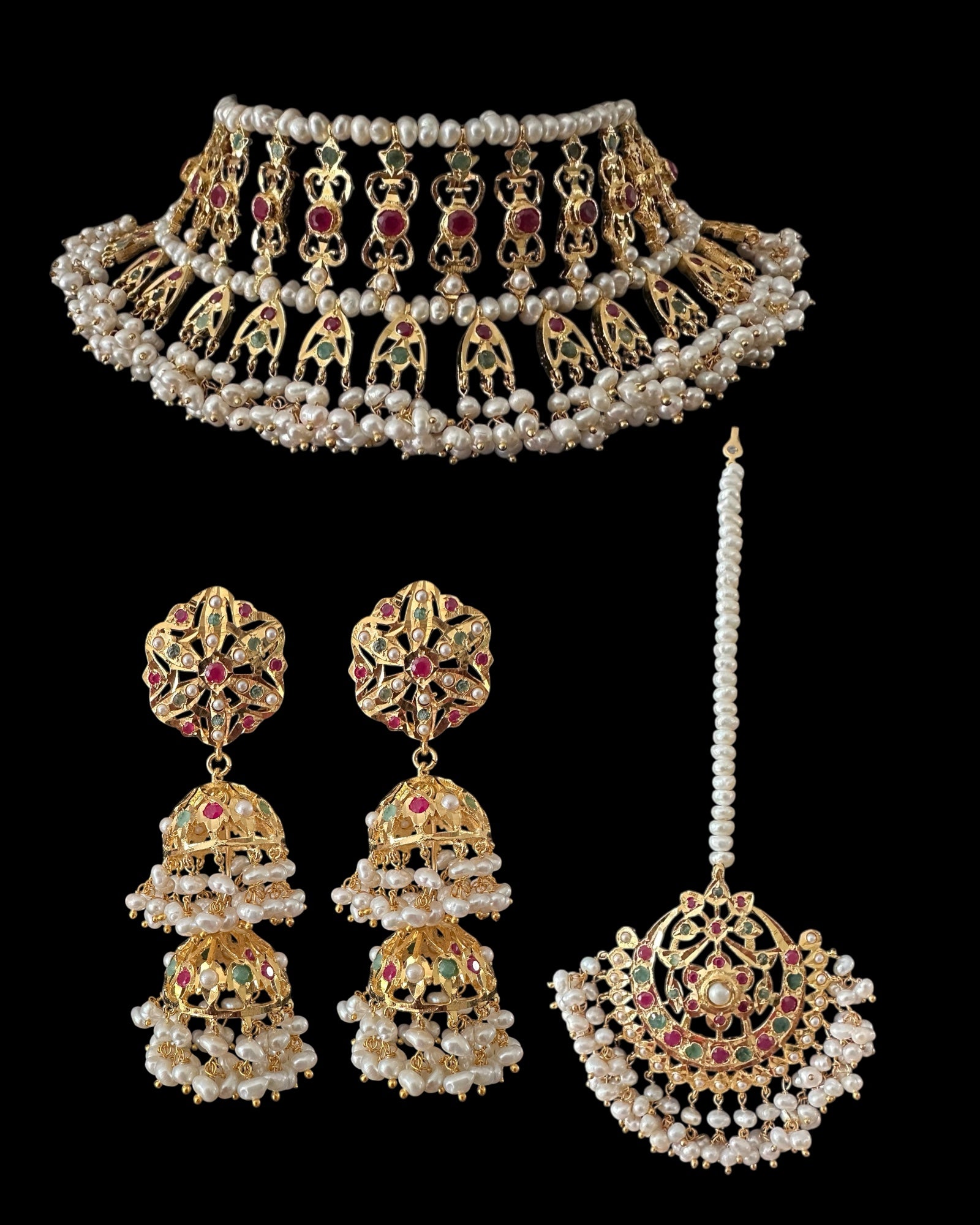 Viya bridal set in natural pearls , rubies and emeralds ( SHIPS IN 4 WEEKS)