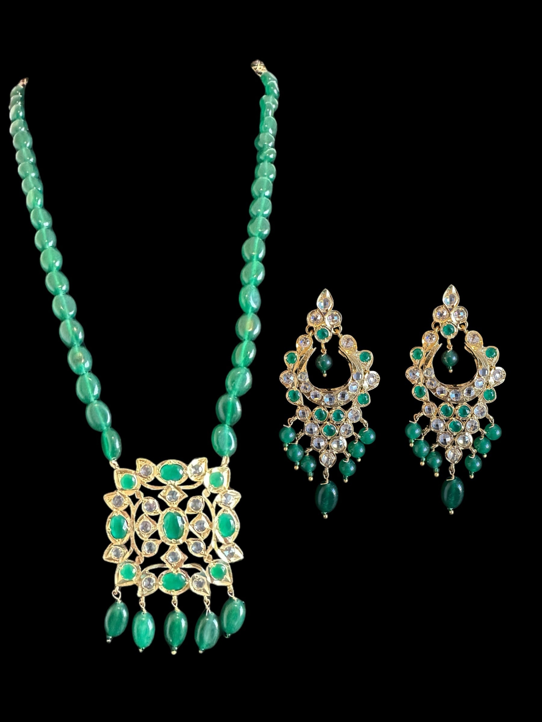 PS516 Bareeha Emerald Green Polki Pendant &amp;amp; Earring Set | Deccan Jewelry( READY TO SHIP )