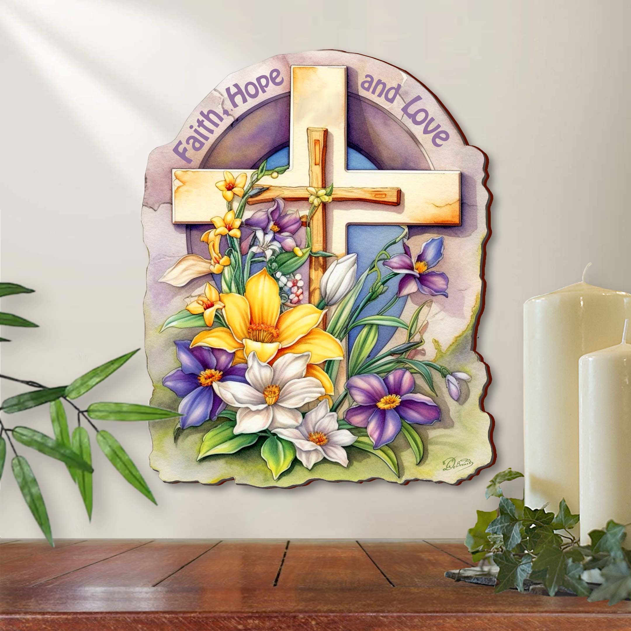 Faith, Hope, and Love Wooden Cross by G. Debrekht - Easter Spring Decor - 88160