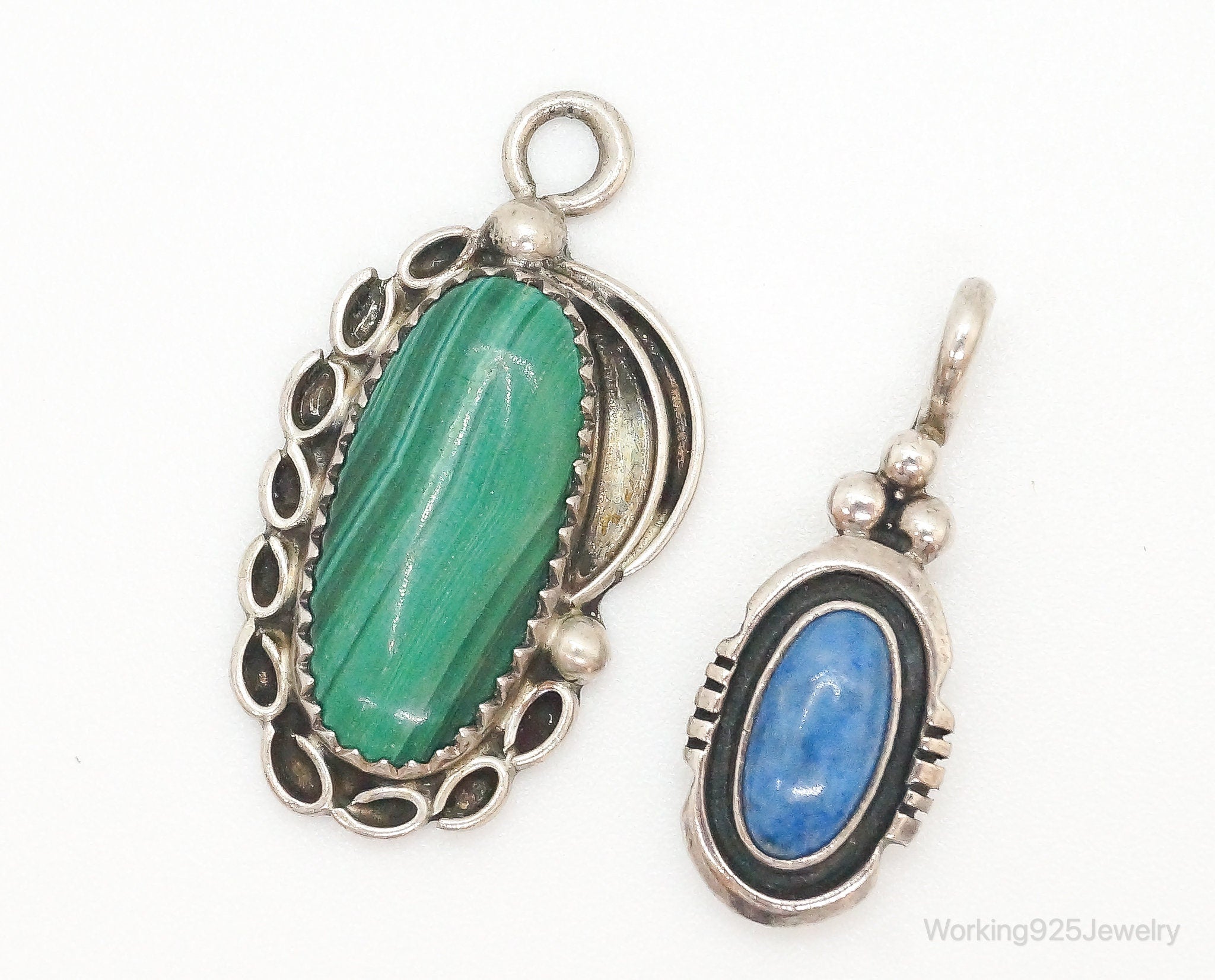 Vintage Native American Malachite Lapis Lazuli Sterling Silver Charm Pendants