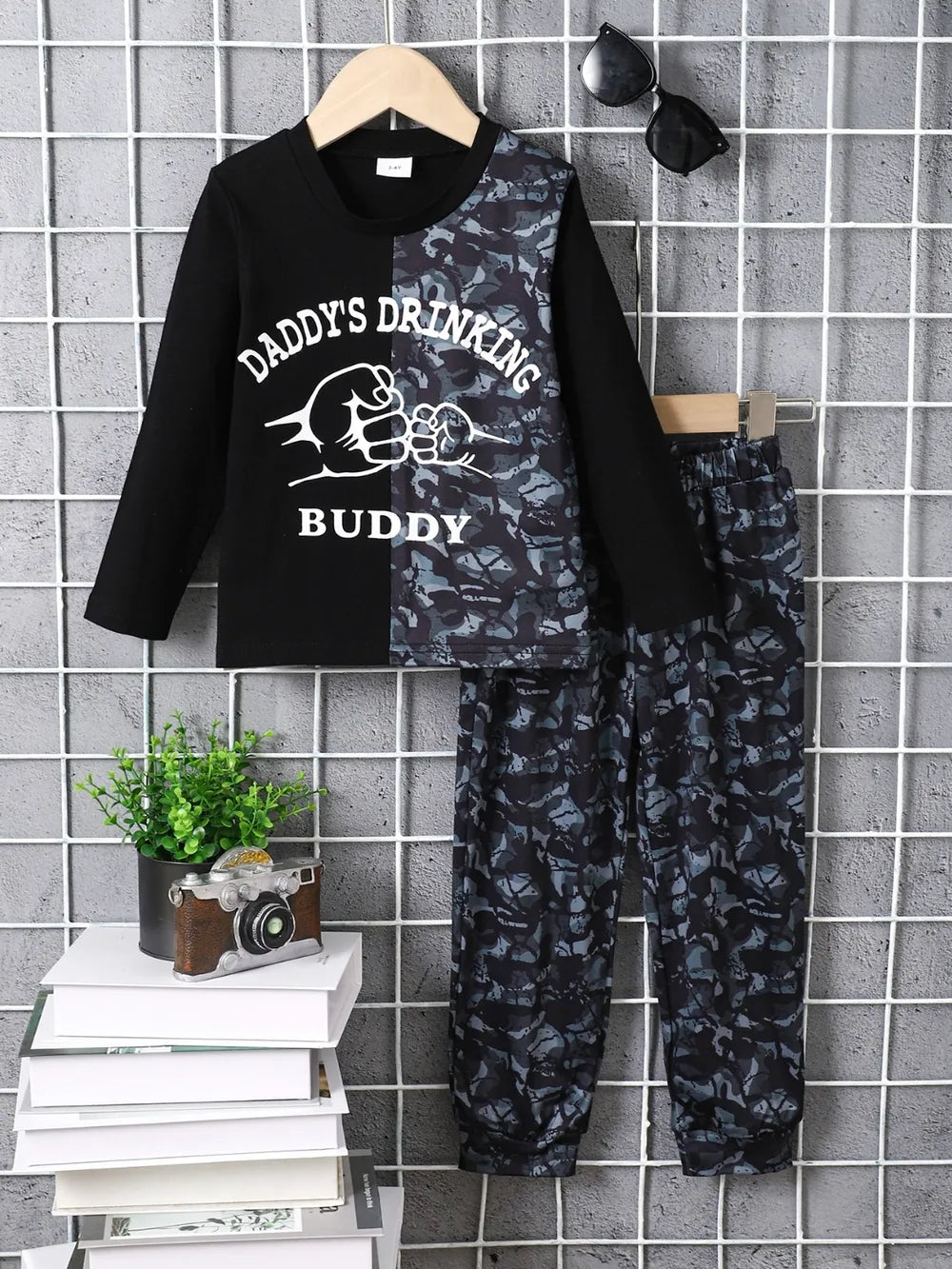 Children&amp;#39;s Camouflage Color Block Top and Pants Set