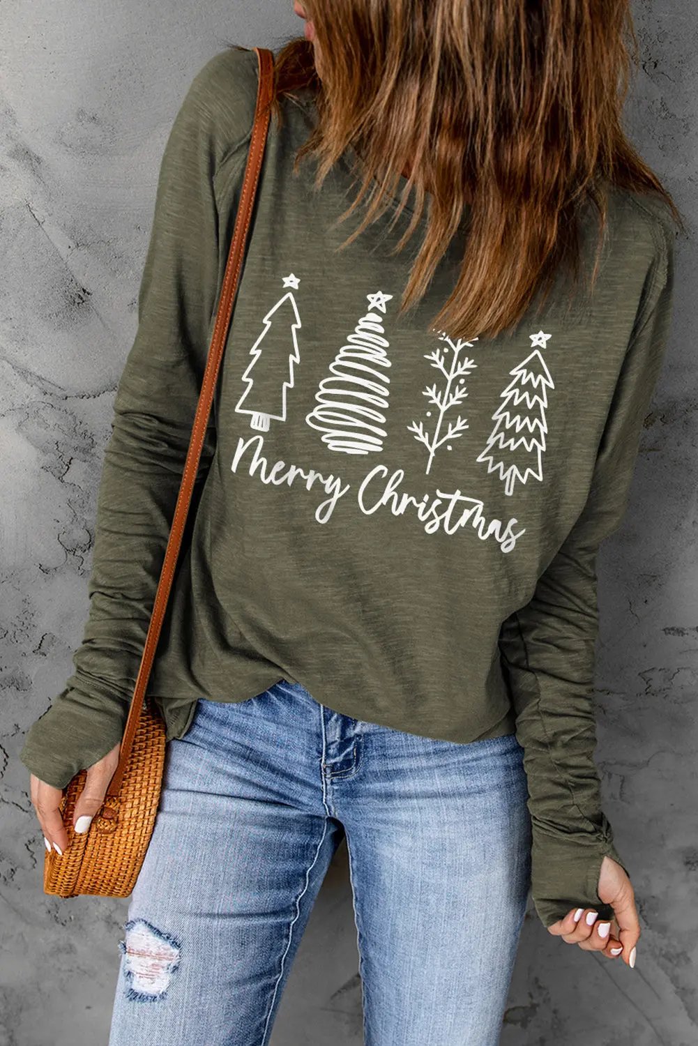 Threaded Pear Christmas Tree Graphic Women&amp;#39;s Holiday Long Sleeve Tee - Thumbhole Sleeves