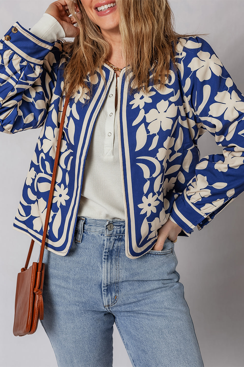 Floral Open Front Buttoned Cuff Jacket