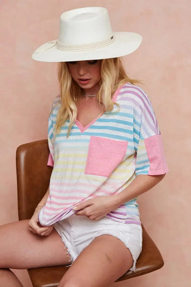 Rainbow Stripe Top Women&amp;#39;s Casual Knit Tee USA Shipped!