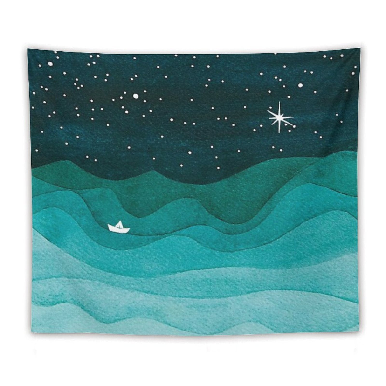 Starry Ocean, Teal Sailboat Watercolor Sea Waves Night Tapestry