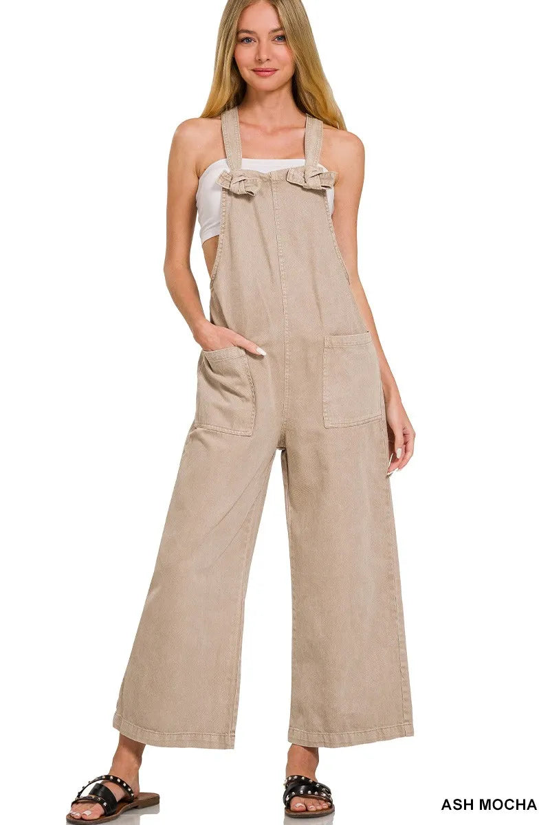 Zenana Washed Knot Strap Pockets Jumpsuit