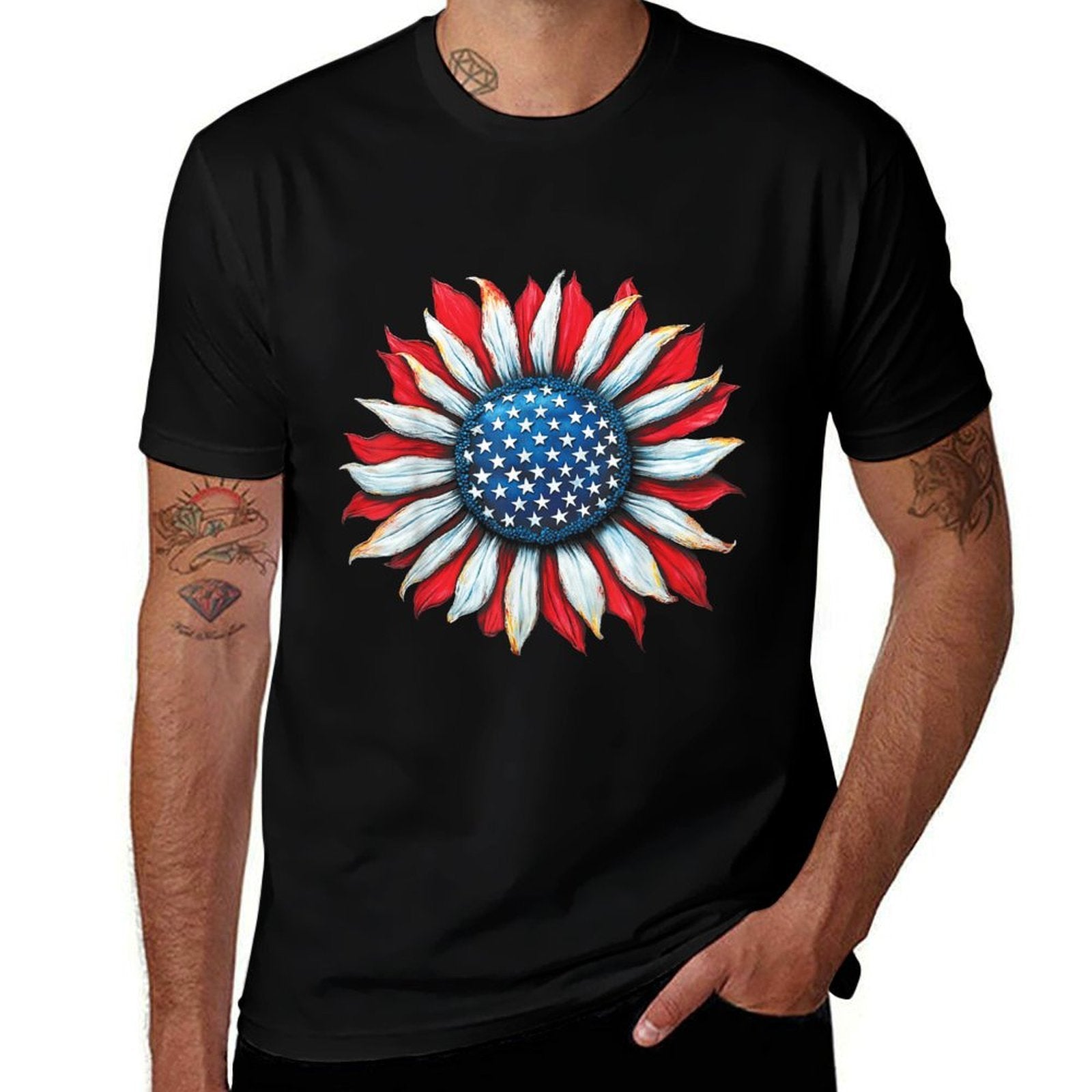Sunflower American 4th of July Women Men Merica USA  Easy-care T-Shirt