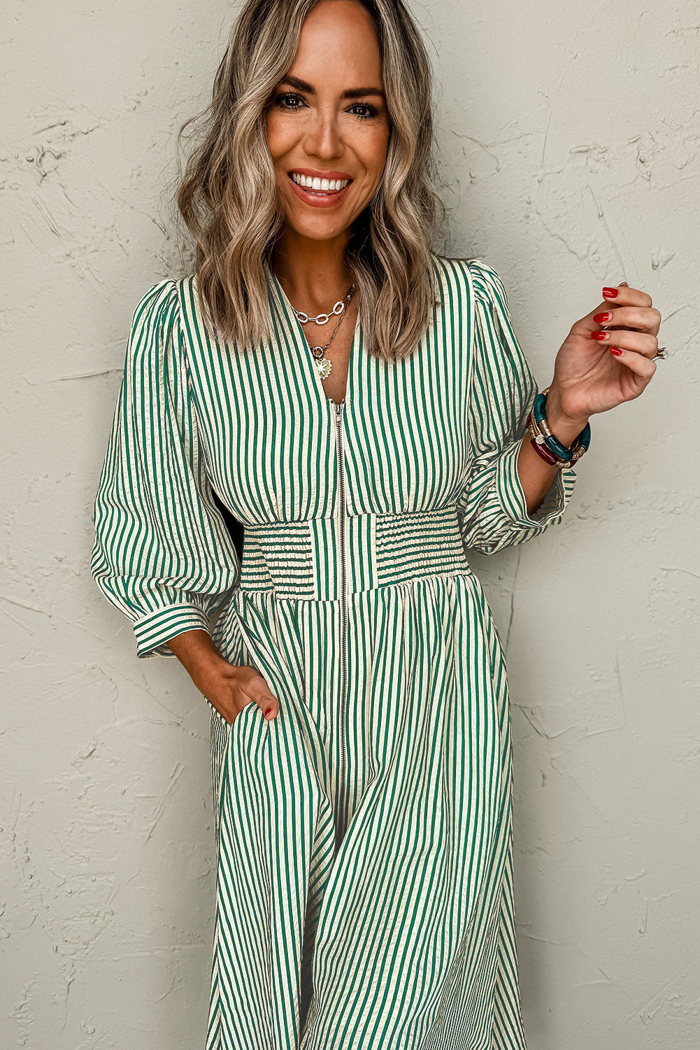 Green Striped V Neck Zip Front Midi Dress Cinched Waist