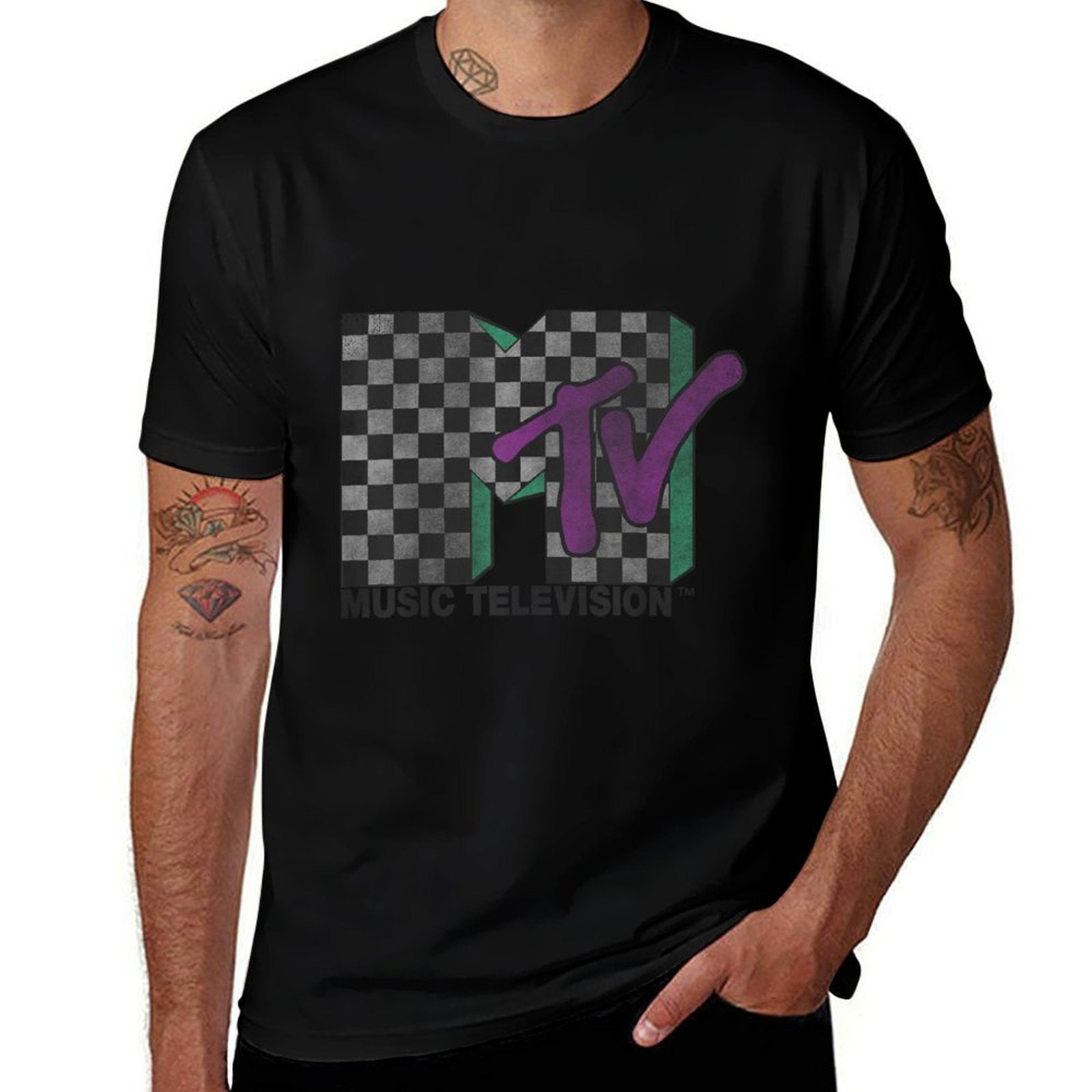 MTV Checkered Distressed Retro Logo  High-quality Stitching T-Shirt