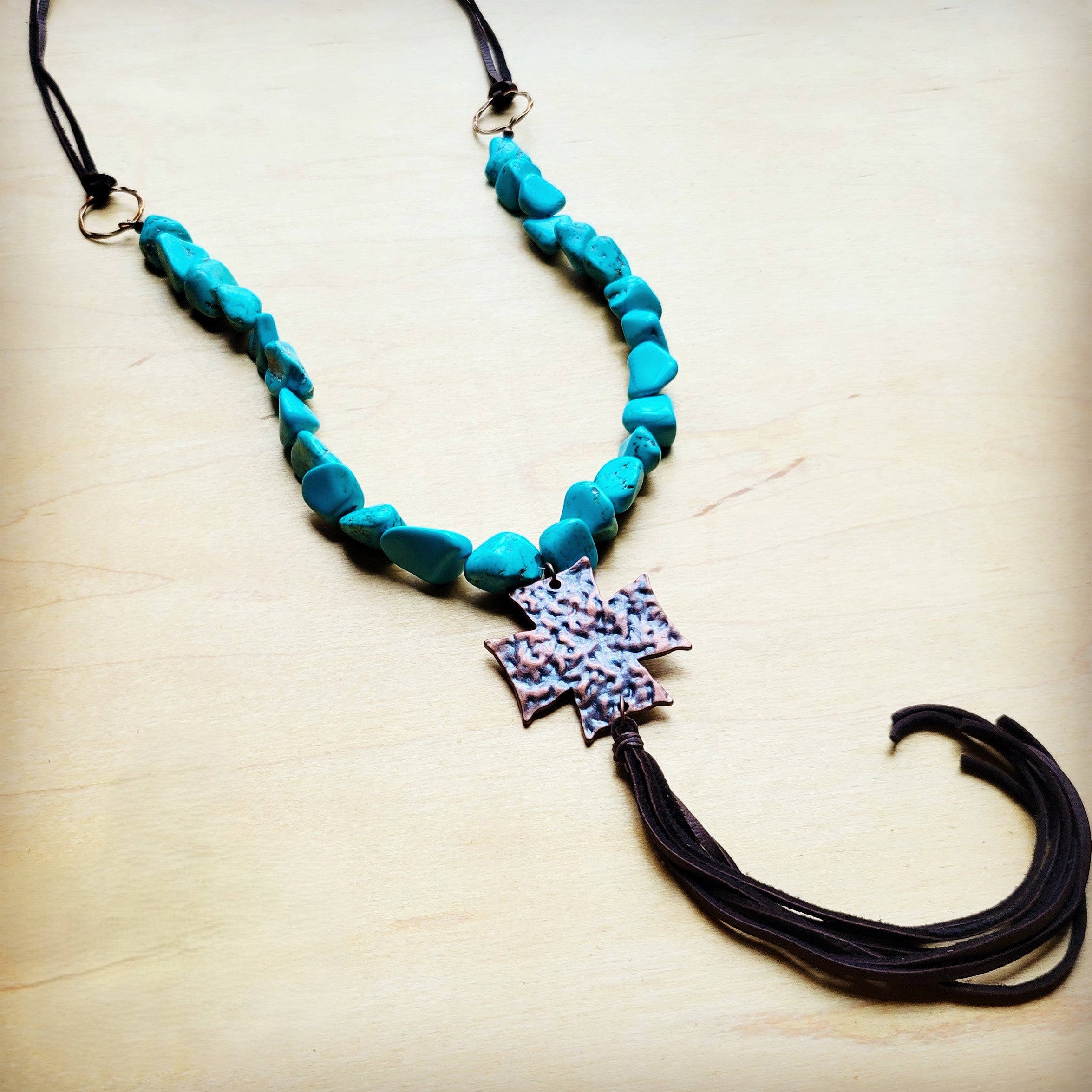 **Chunky Magnesite Beaded Cross Necklace w/ Leather Tassel 258j