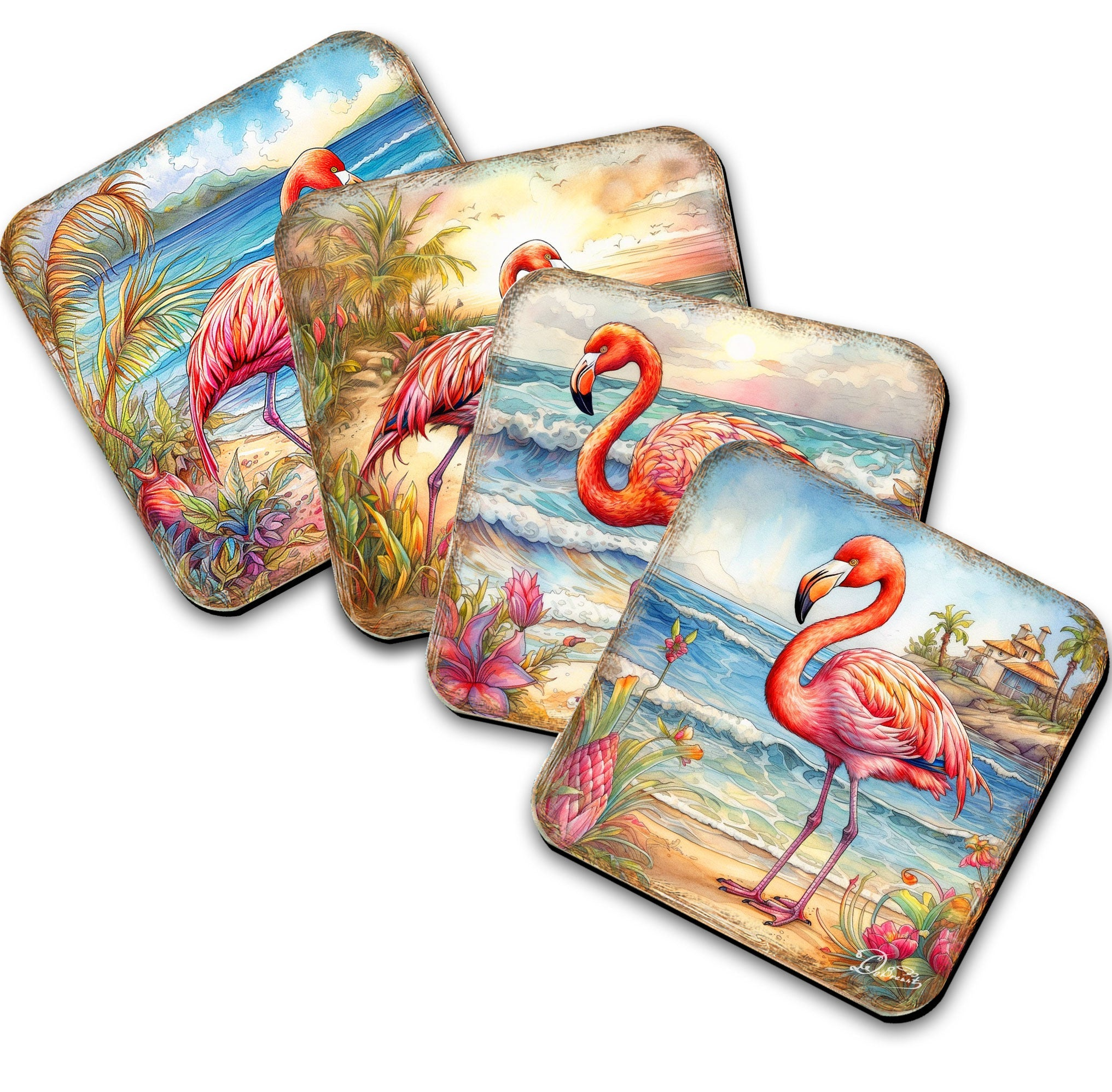 Pink Flamingo Wooden Cork Coasters Gift Set of 4 by G. Debrekht - Coastal Decor  - 8199440C-S4