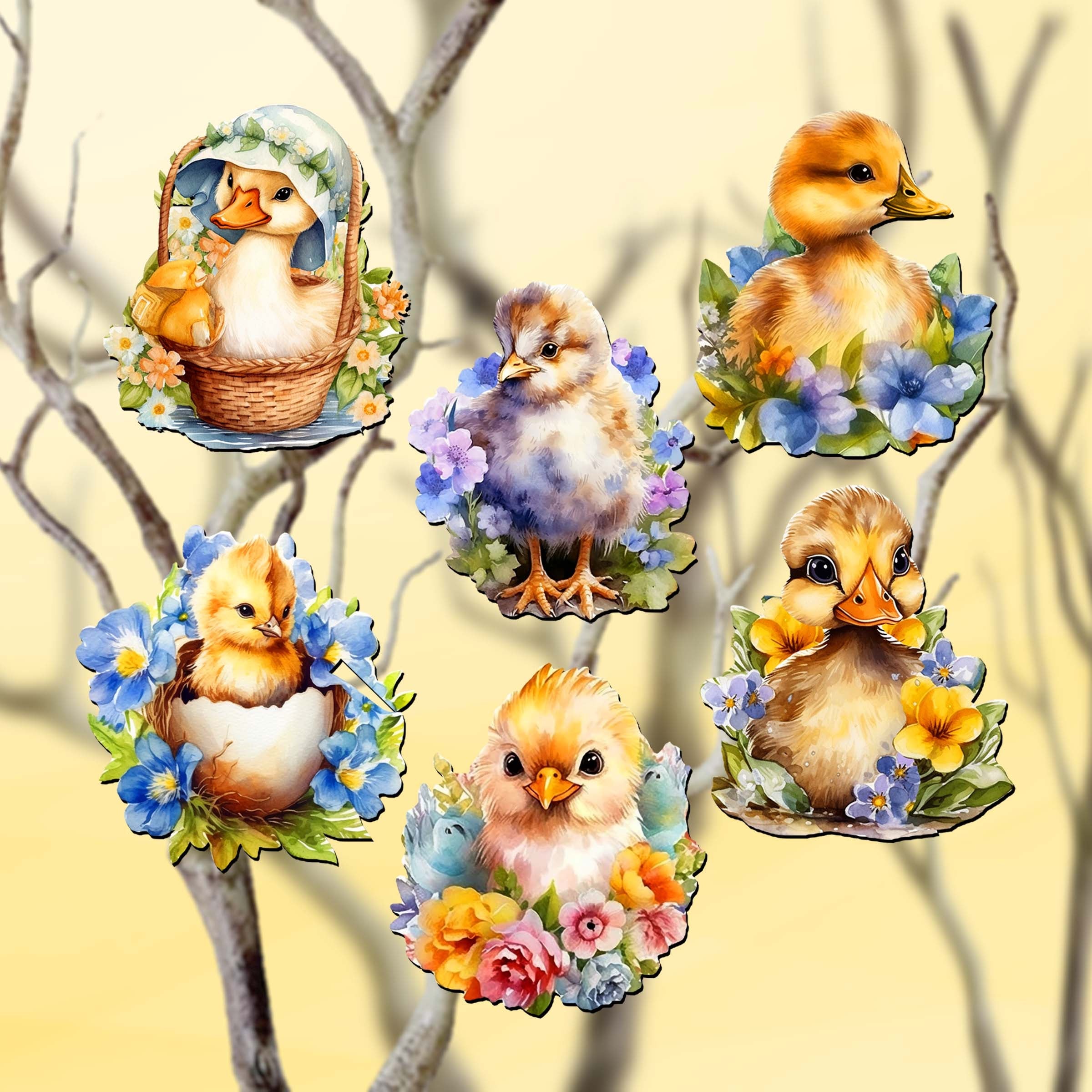 Spring Ducklings Clip-On Eco Wood Decorative Ornaments Set of 6 by G. Debrekht - Easter Décor - 8090055C-S6