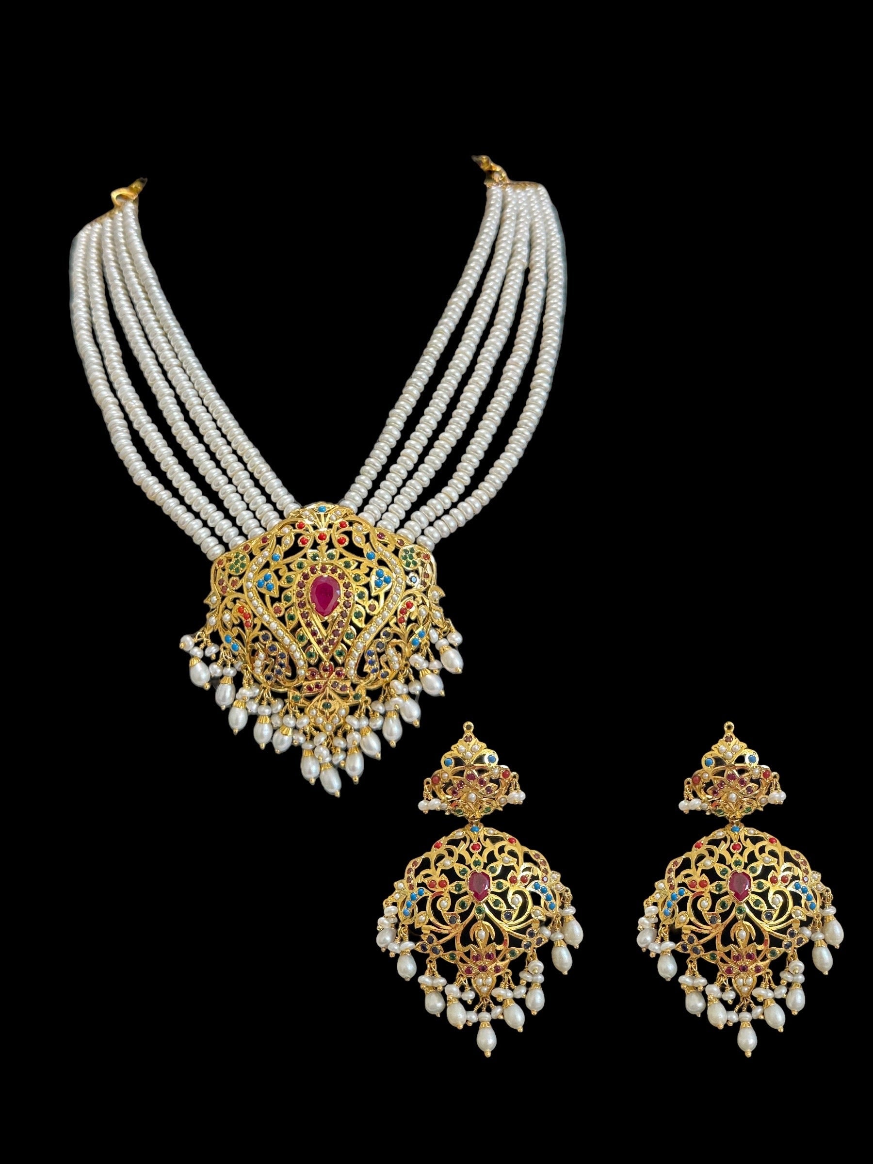 Navratan necklace with earrings in gold plated silver ( READY TO SHIP )