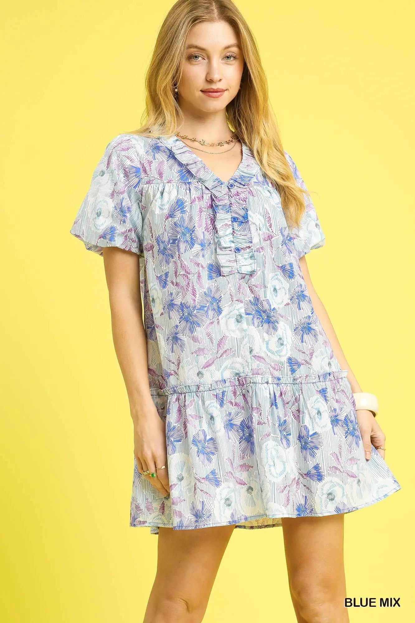 Umgee Floral Ruffled Puff Sleeve Mini Dress